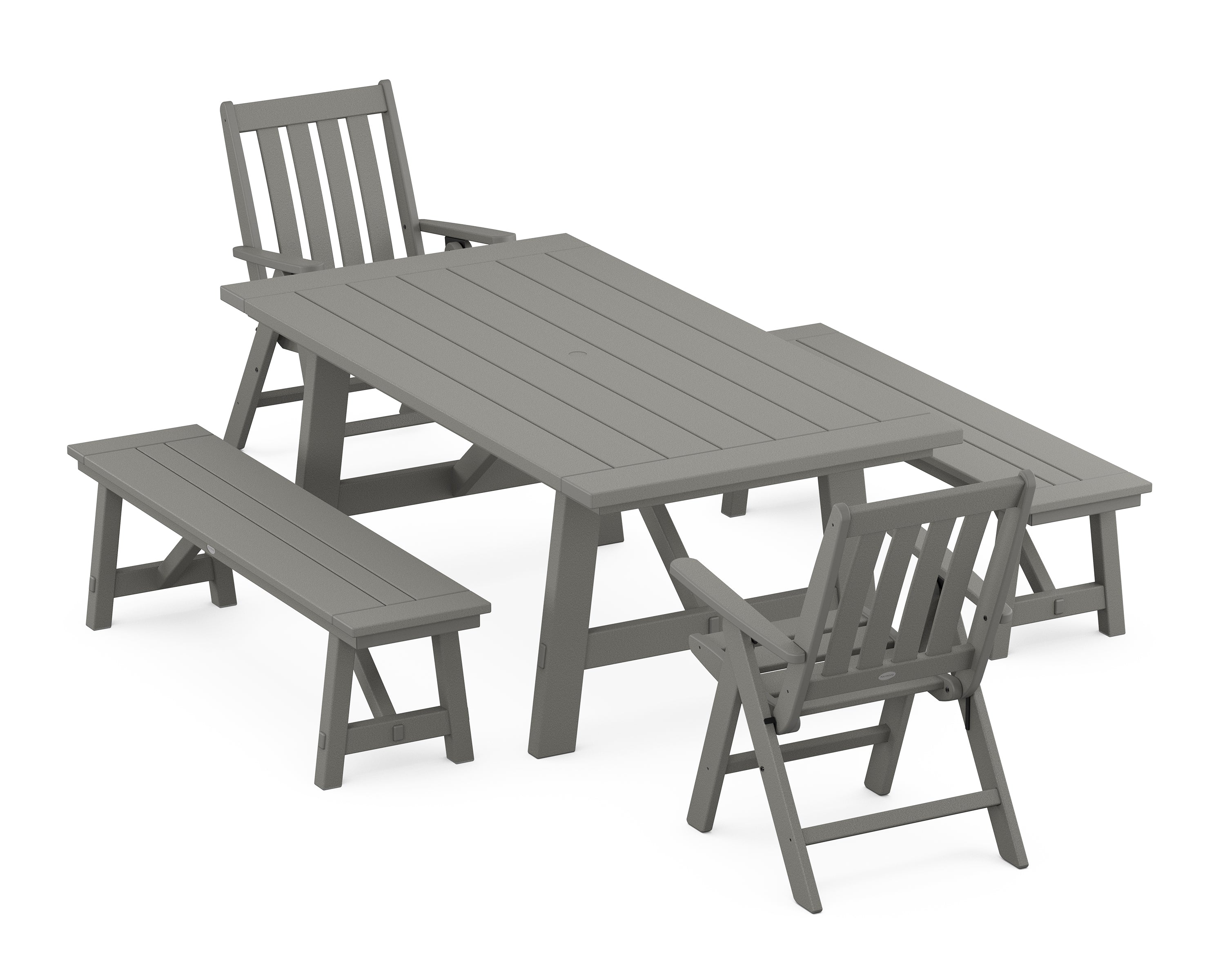 POLYWOOD® Vineyard Folding Chair 5-Piece Rustic Farmhouse Dining Set With Benches in Slate Grey