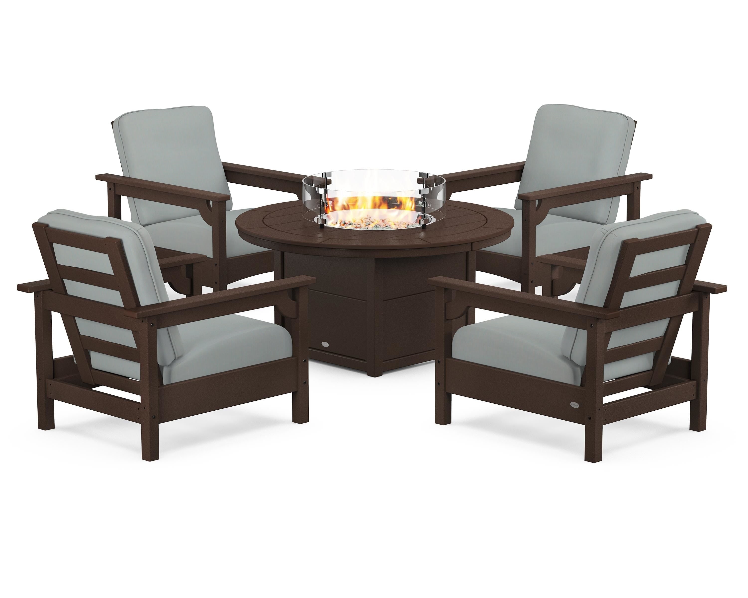 POLYWOOD Club 5-Piece Conversation Set with Fire Pit Table in Mahogany / Spa