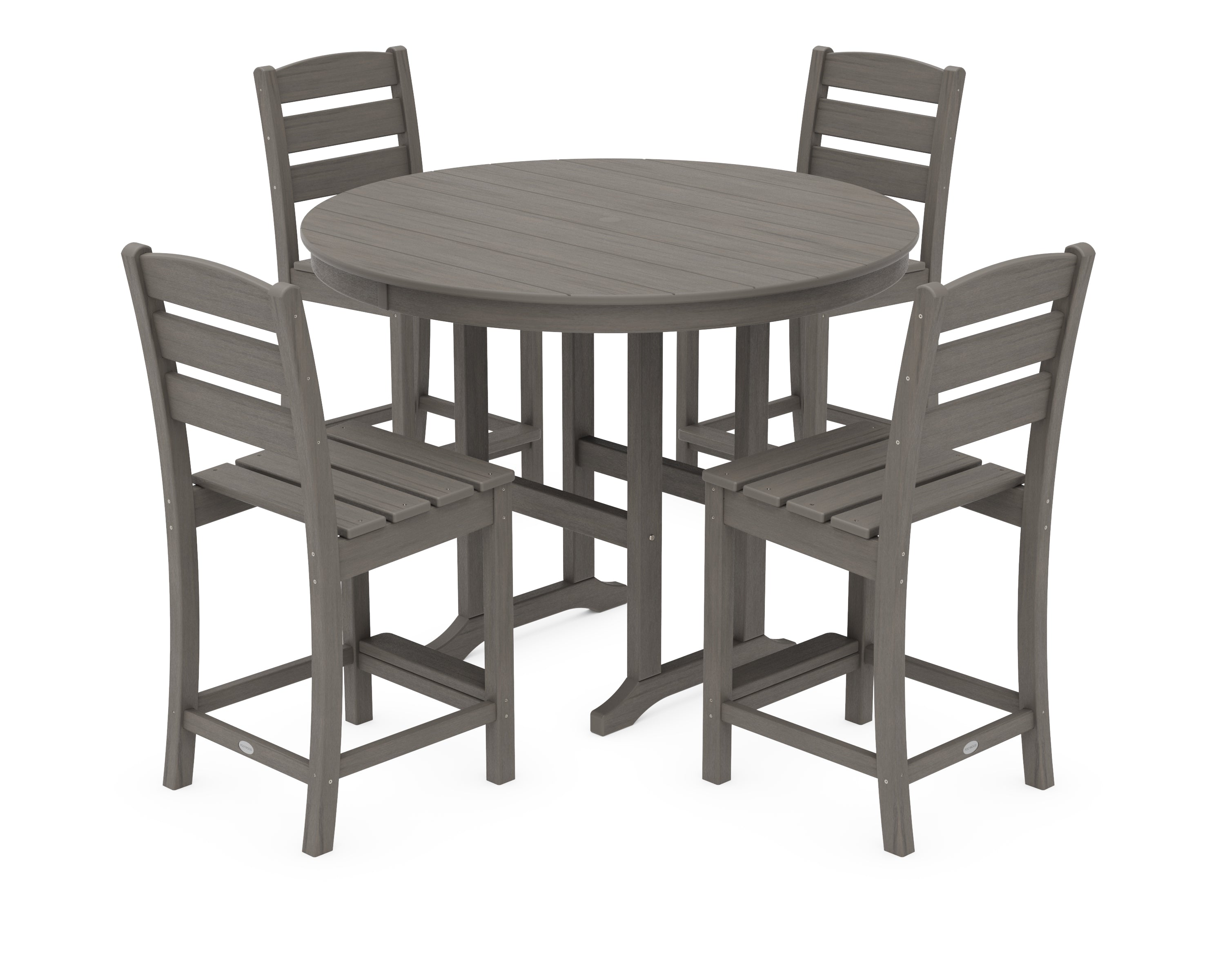 POLYWOOD Lakeside 5-Piece Farmhouse Round Side Chair Counter  Set in Driftwood