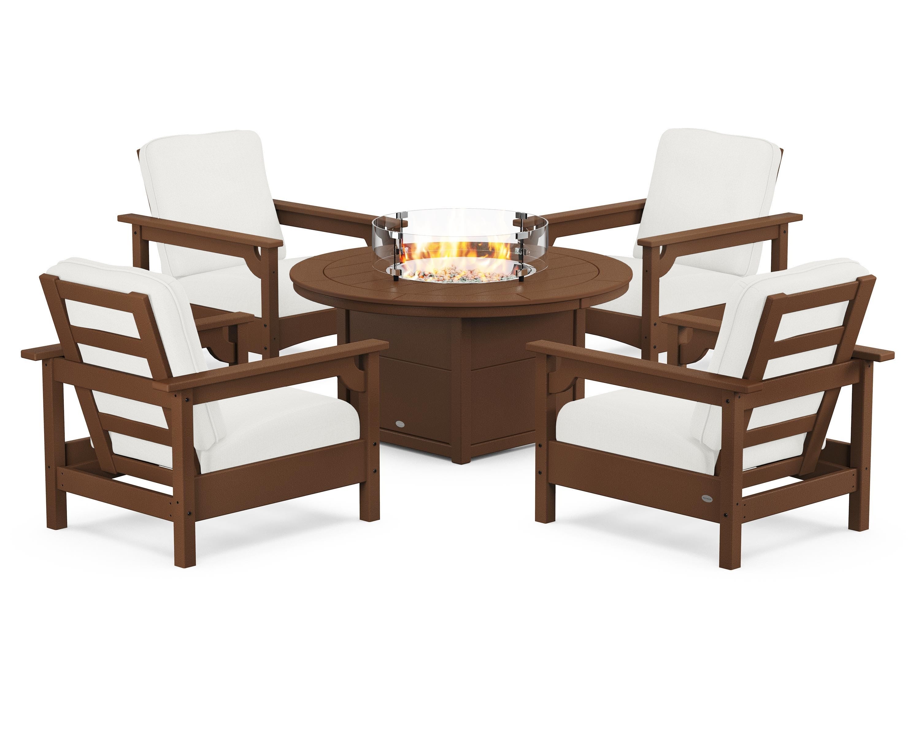 POLYWOOD Club 5-Piece Conversation Set with Fire Pit Table in Teak / Natural Linen