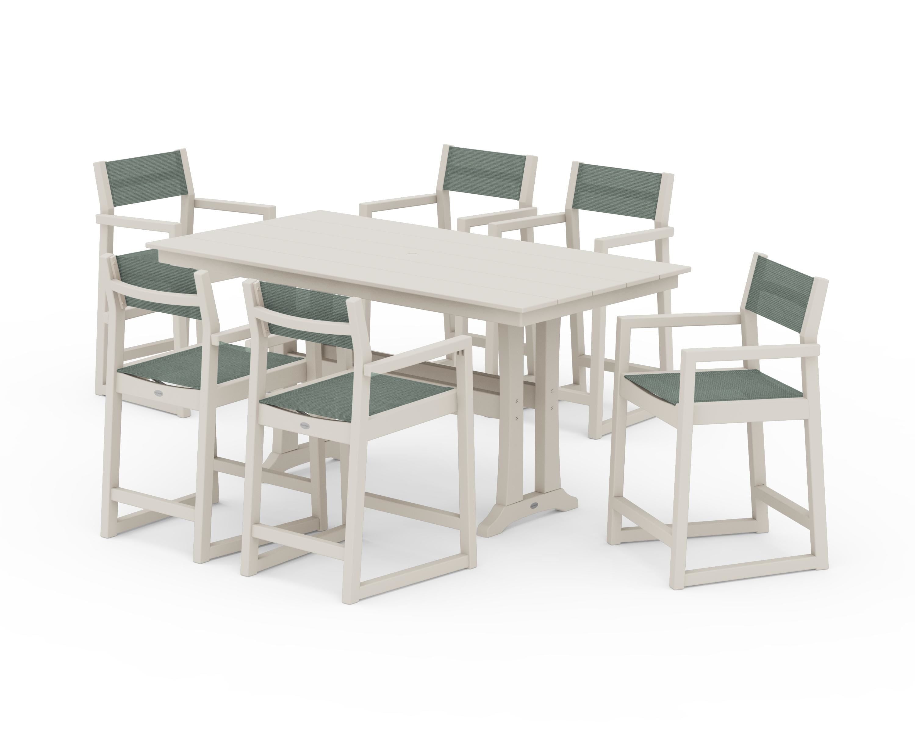 POLYWOOD EDGE Sling Arm Chair 7-Piece Farmhouse Counter Set with Trestle Legs in Sand / Dupioni Sea Mist Sling