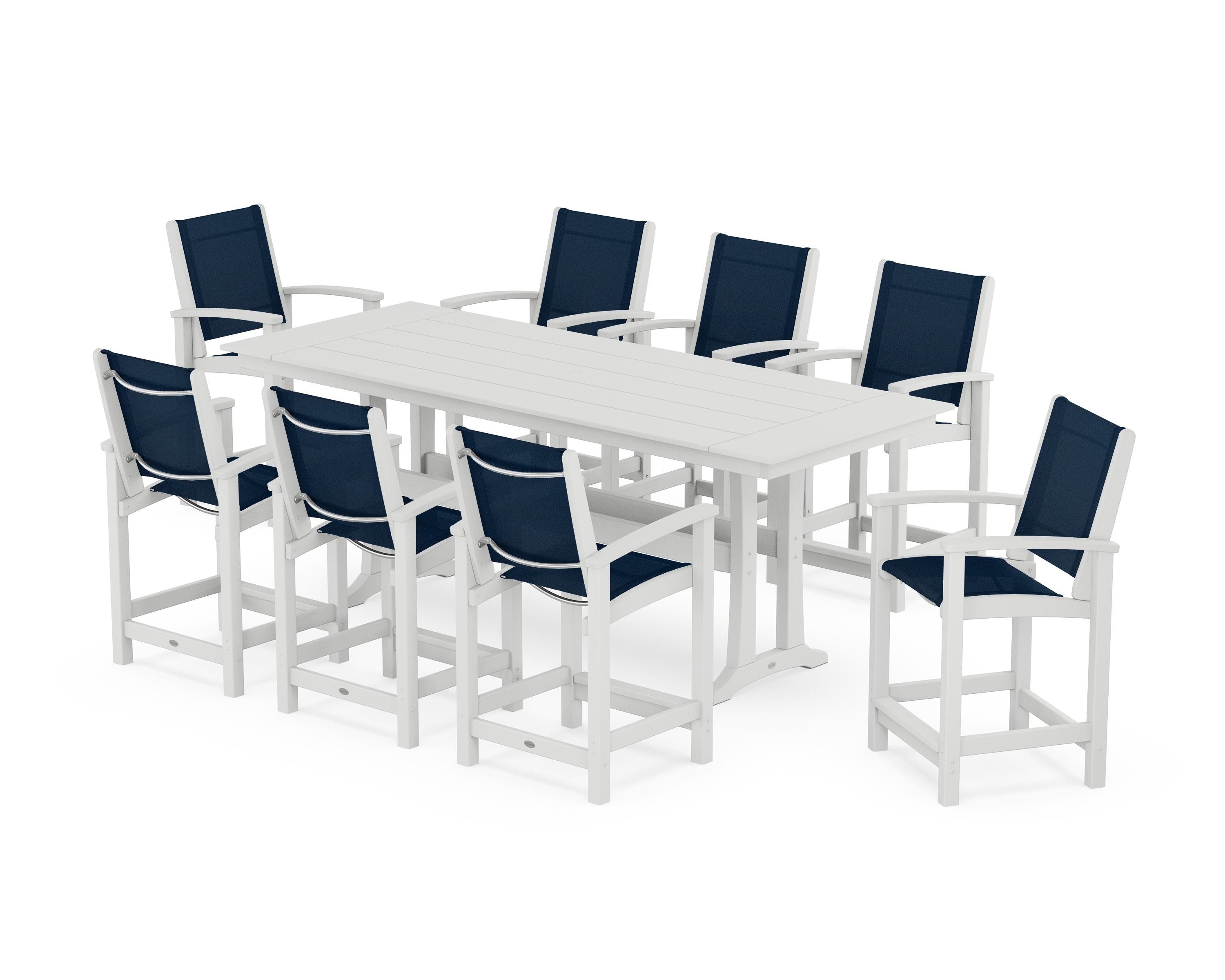 POLYWOOD Coastal 9-Piece Farmhouse Counter Set with Trestle Legs in White / Navy Blue Sling