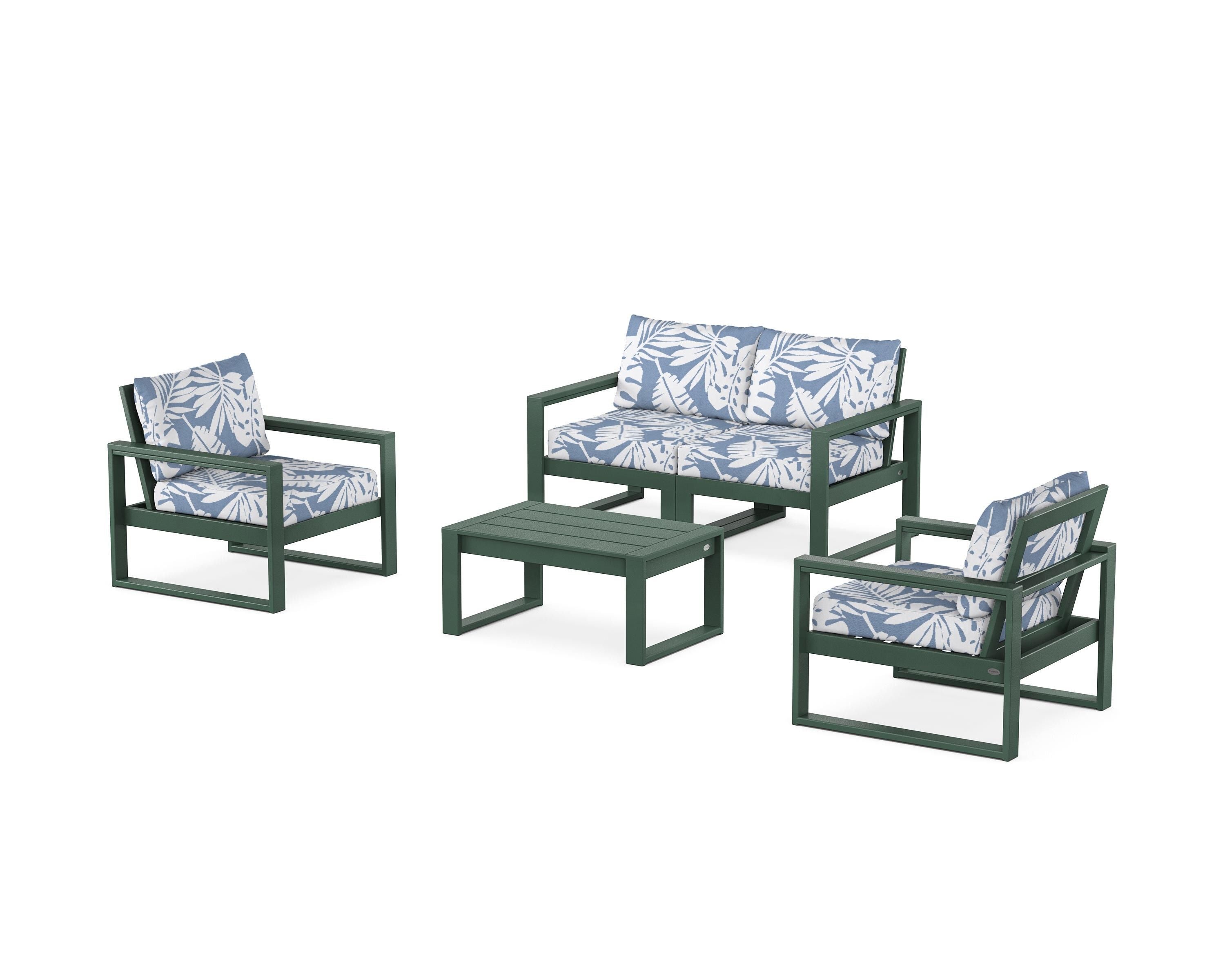 POLYWOOD EDGE Sectional 4-Piece Deep Seating Set with Loveseat in Green / Leaf Sky Blue