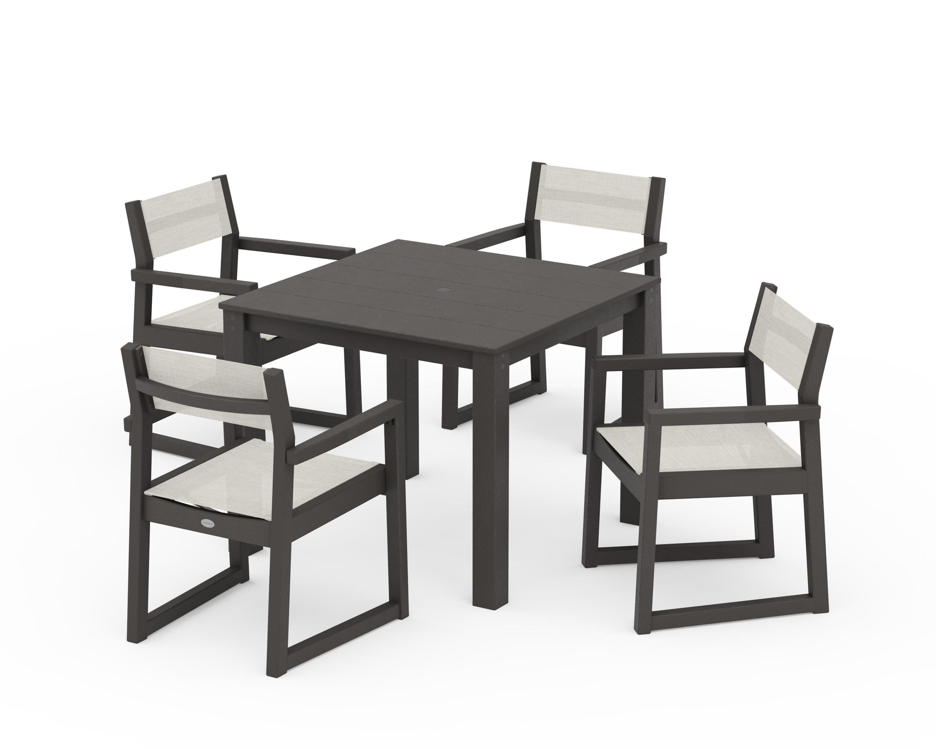 POLYWOOD EDGE Sling Arm Chair 5-Piece Parsons Dining Set in Vintage Coffee / Parchment Sling