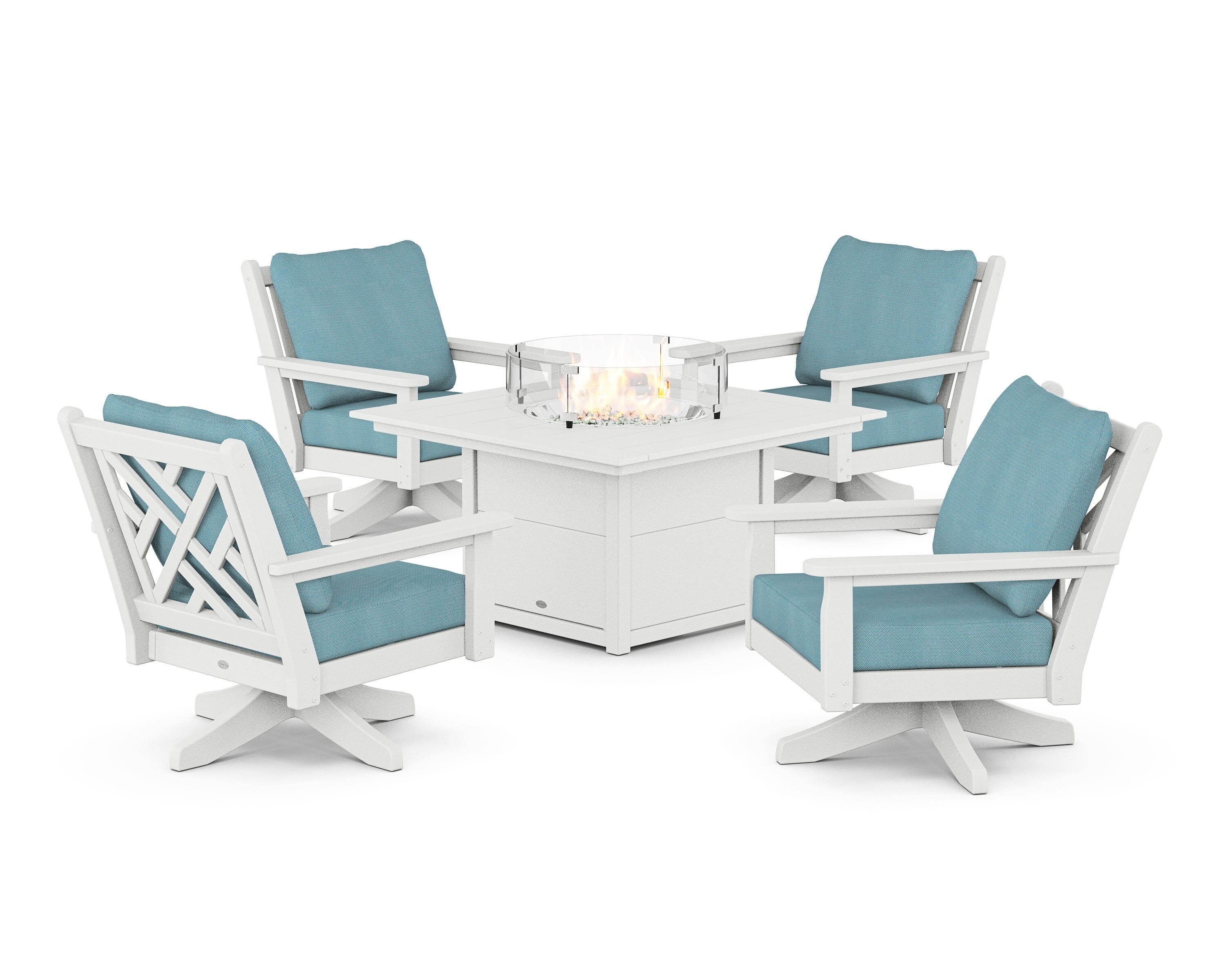 POLYWOOD Chippendale 5-Piece Deep Seating Swivel Conversation Set with Fire Pit Table in White / Lattice Sky Blue