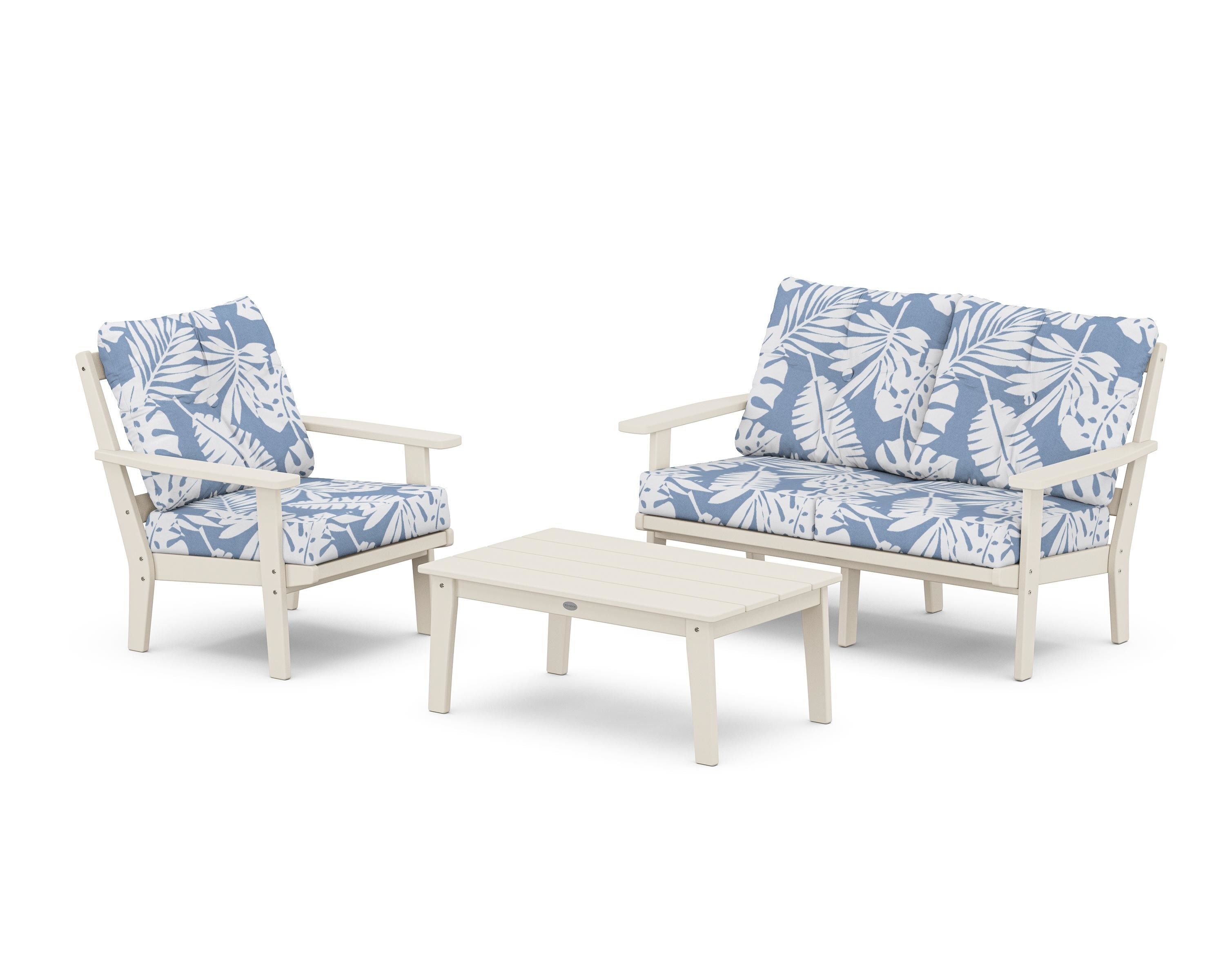 POLYWOOD Oxford 3-Piece Deep Seating Set with Loveseat in Sand / Leaf Sky Blue