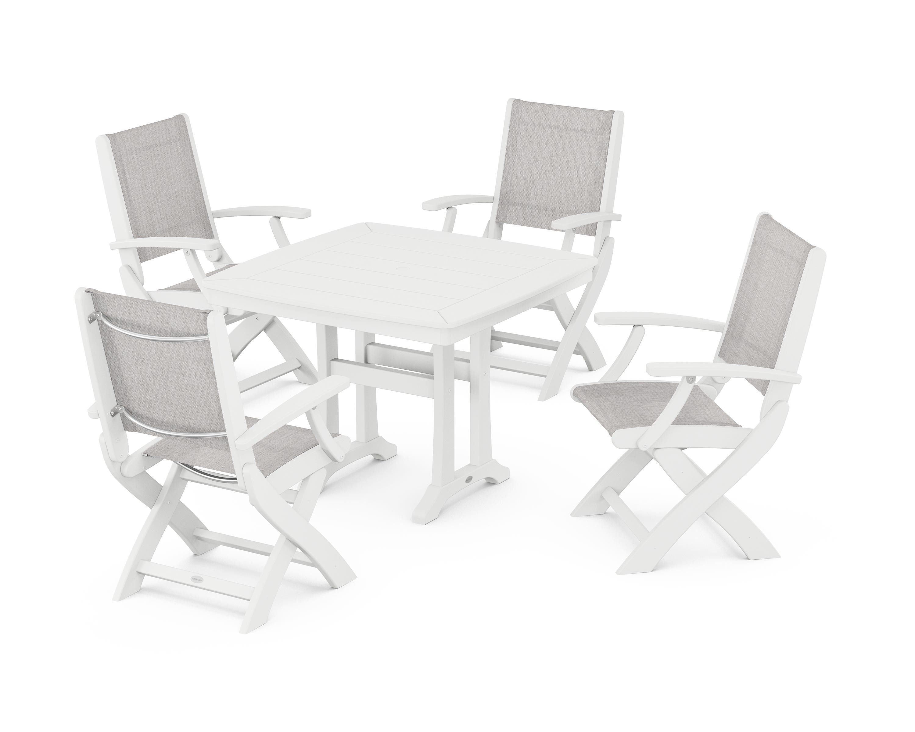 POLYWOOD Coastal Folding Chair 5-Piece Dining Set with Trestle Legs in White / Parchment Sling