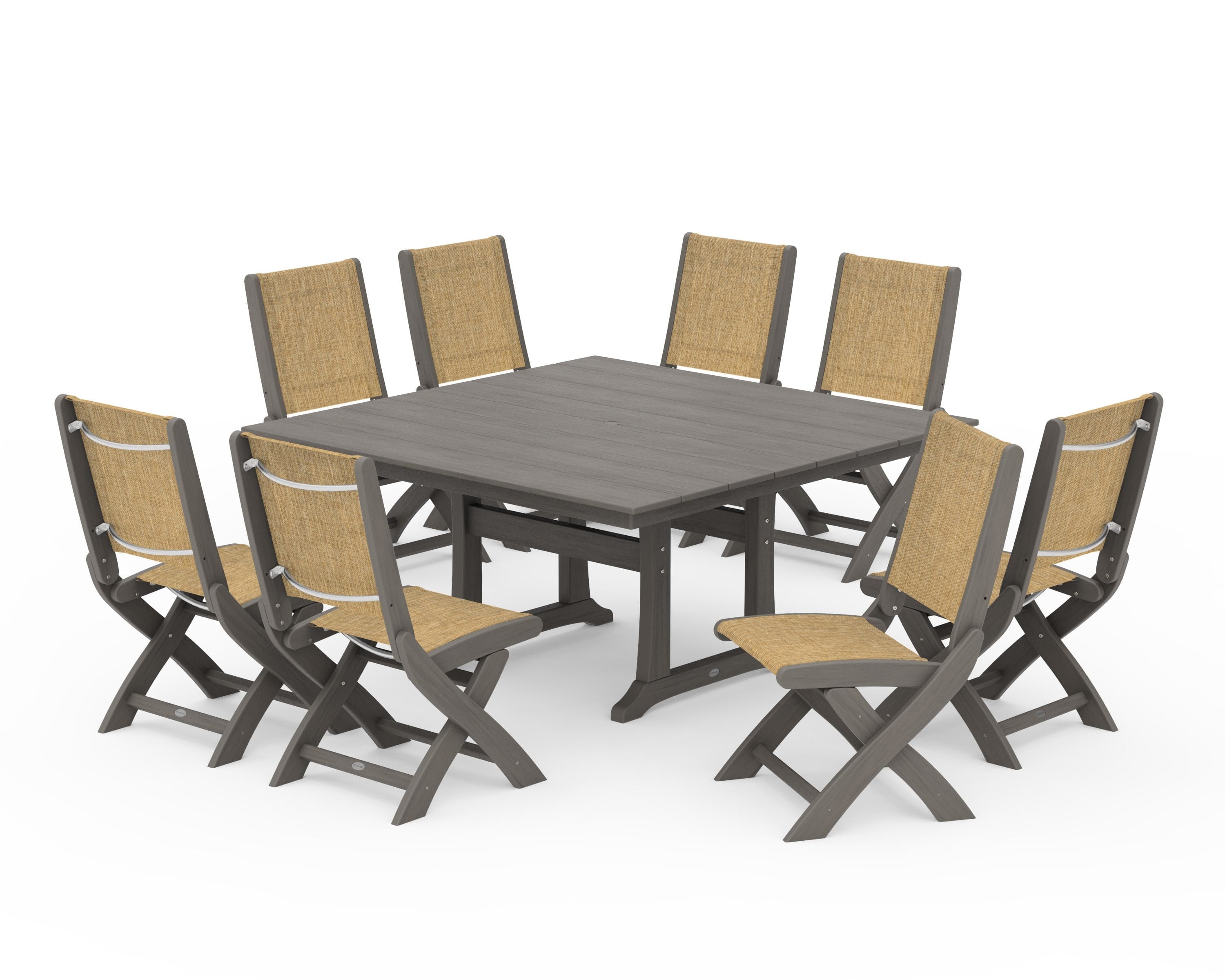 POLYWOOD Coastal Folding Side Chair 9-Piece Farmhouse Dining Set in Driftwood / Burlap Sling