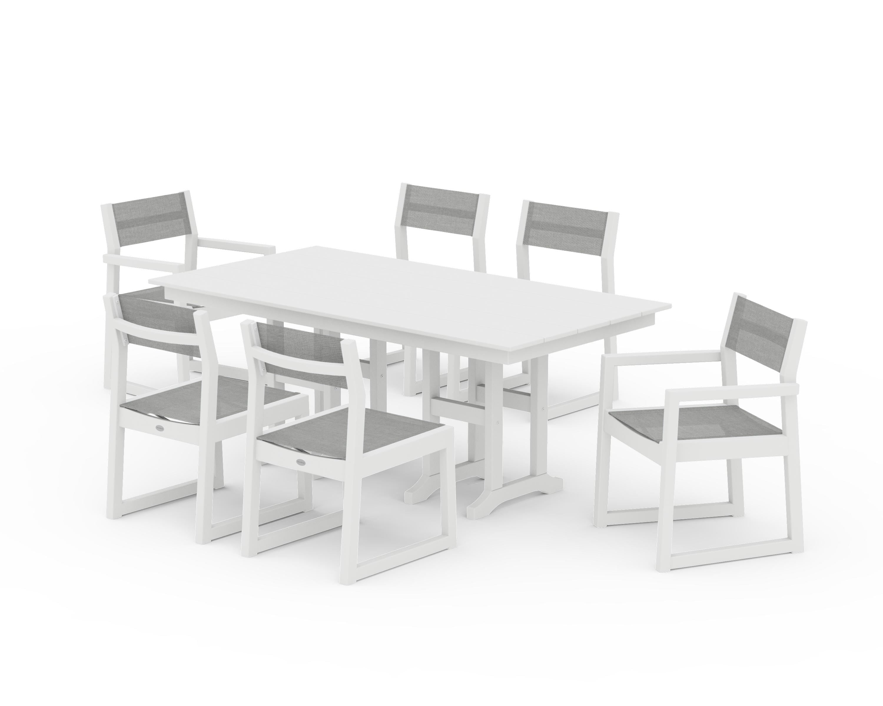 POLYWOOD EDGE Sling 7-Piece Farmhouse Dining Set in White / Metallic Sling