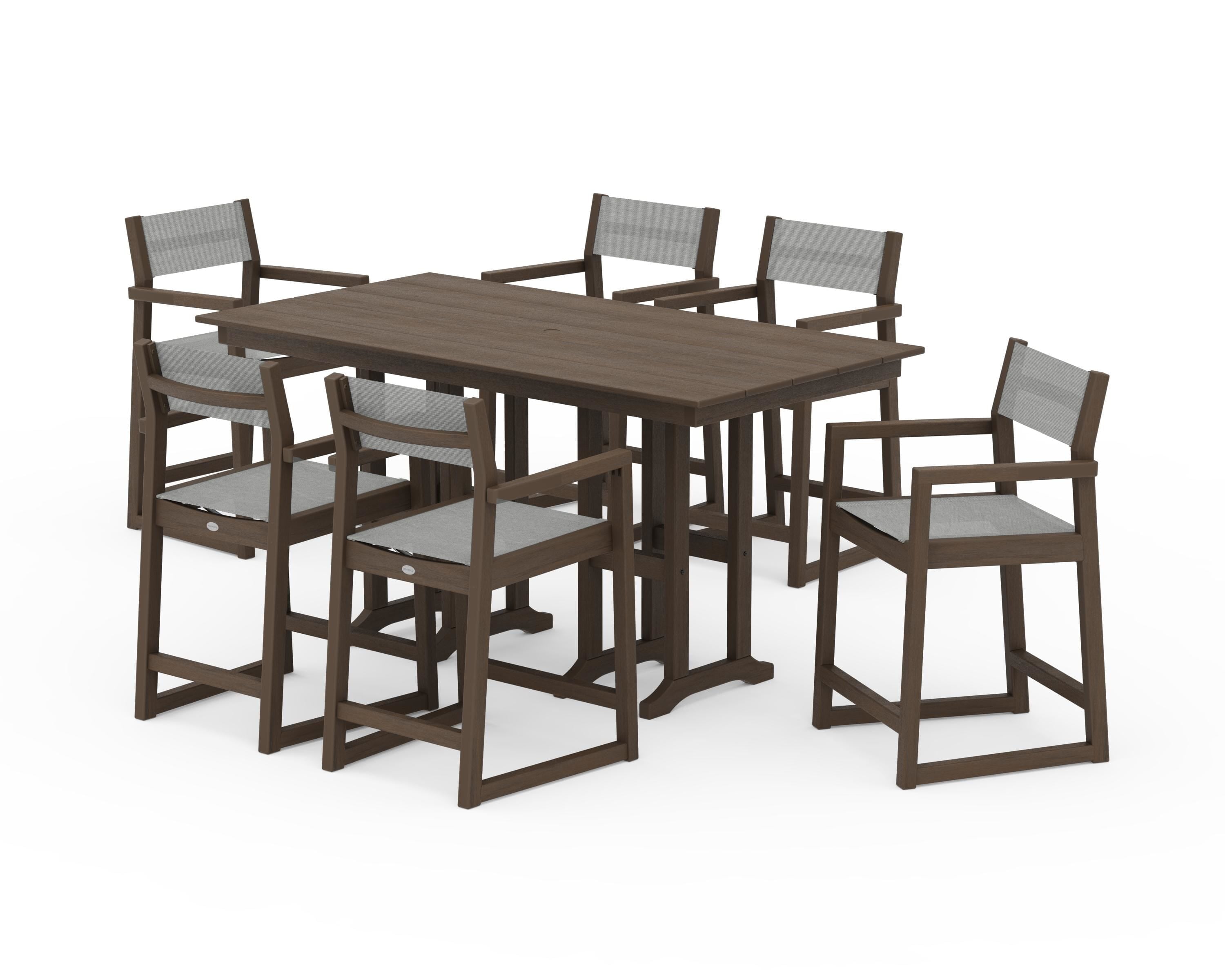 POLYWOOD EDGE Sling Arm Chair 7-Piece Farmhouse Counter Set in Kona / Metallic Sling