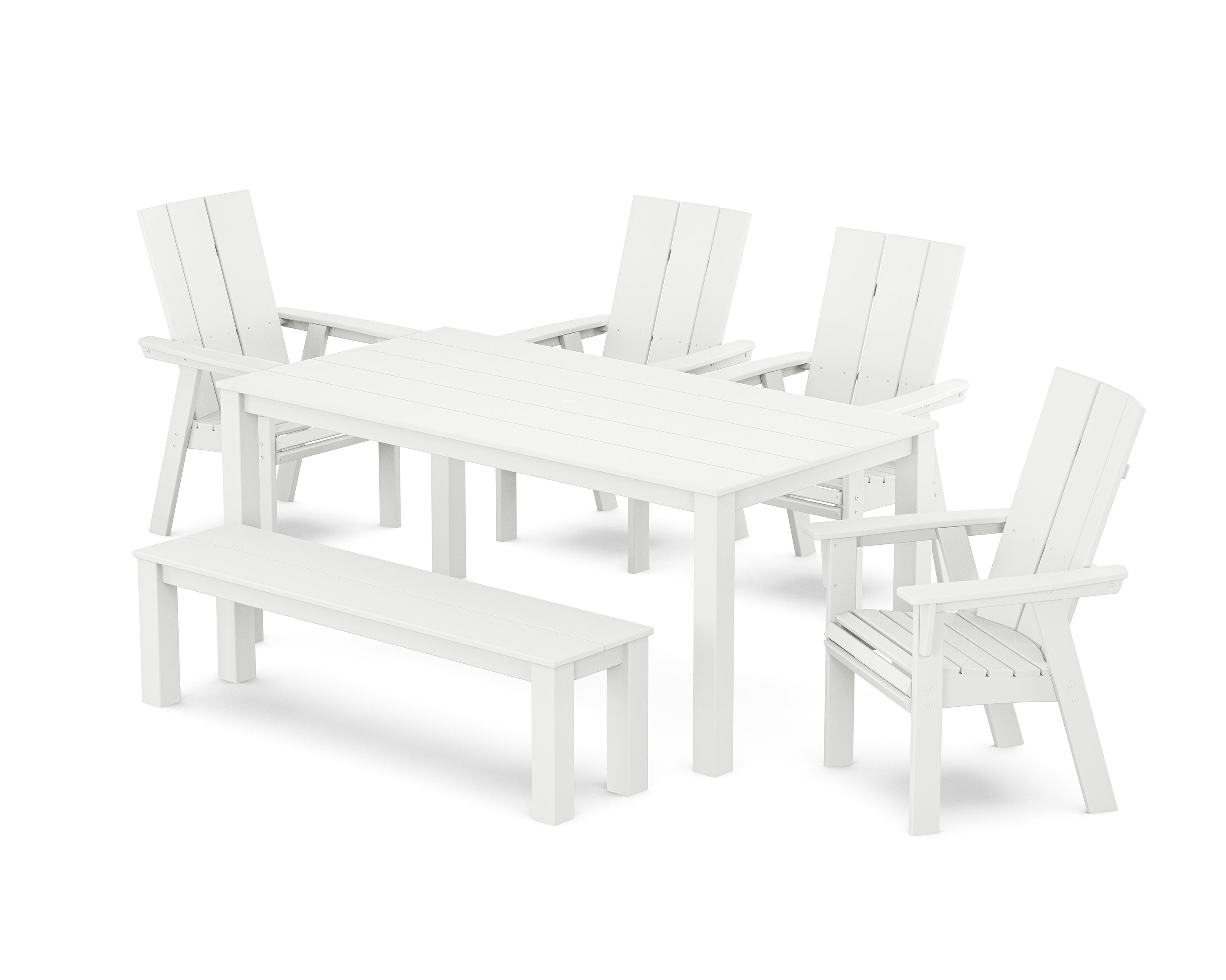 POLYWOOD® Modern Curveback Adirondack 6-Piece Parsons Dining Set with Bench in White