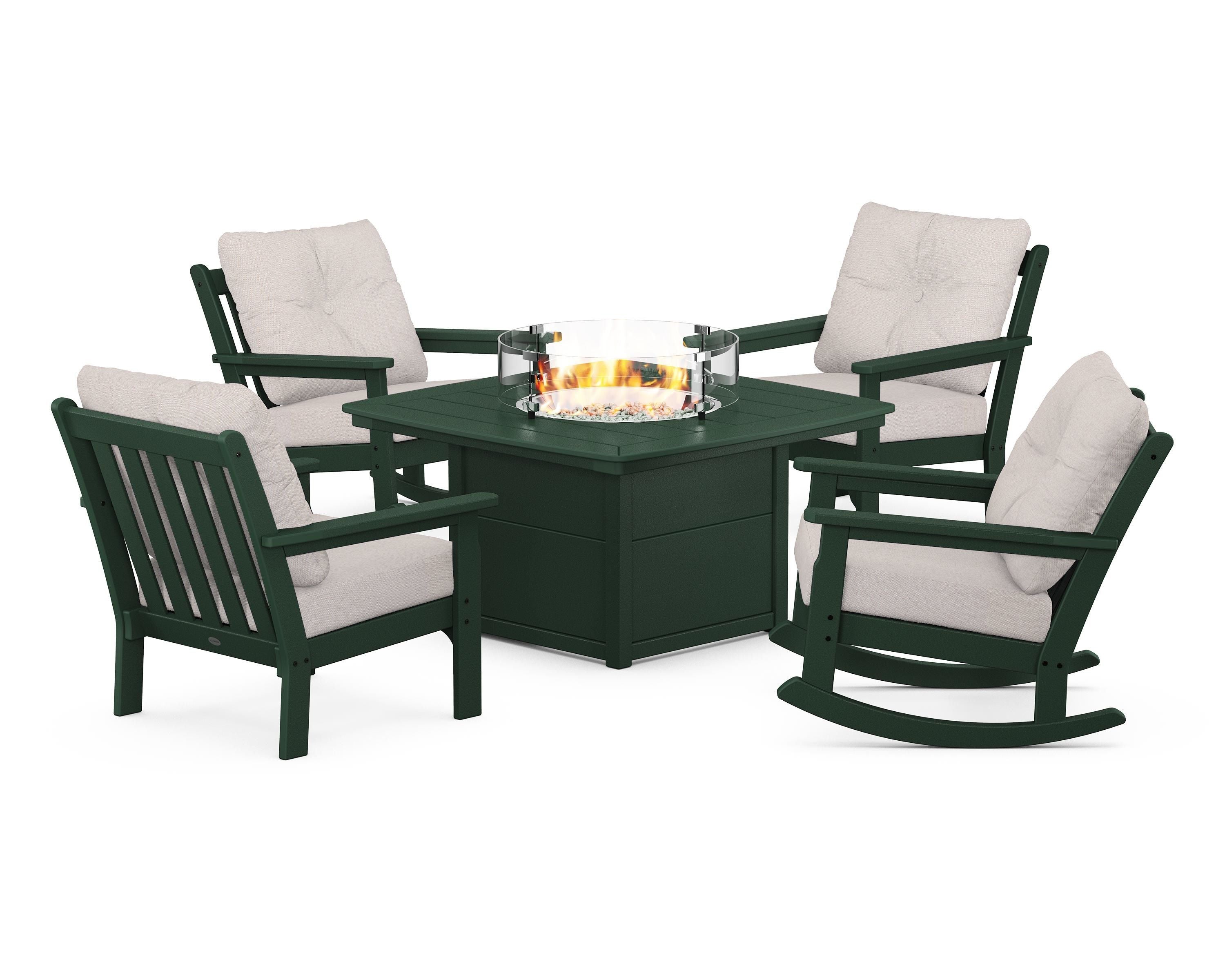 POLYWOOD Vineyard 5-Piece Deep Seating Rocking Chair Conversation Set with Fire Pit Table in Green / Dune Burlap