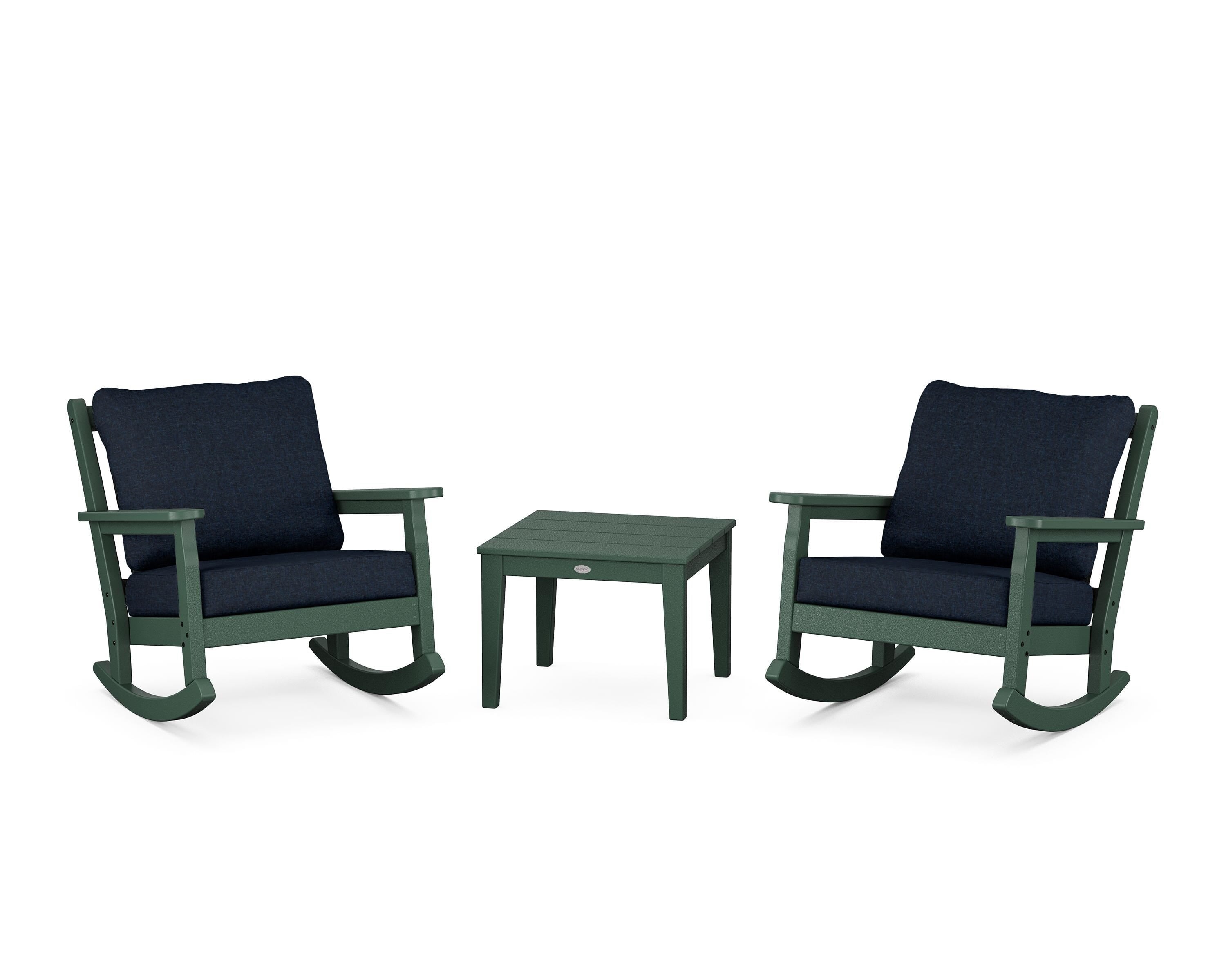 POLYWOOD Chippendale 3-Piece Deep Seating Rocker Set in Green / Marine Indigo