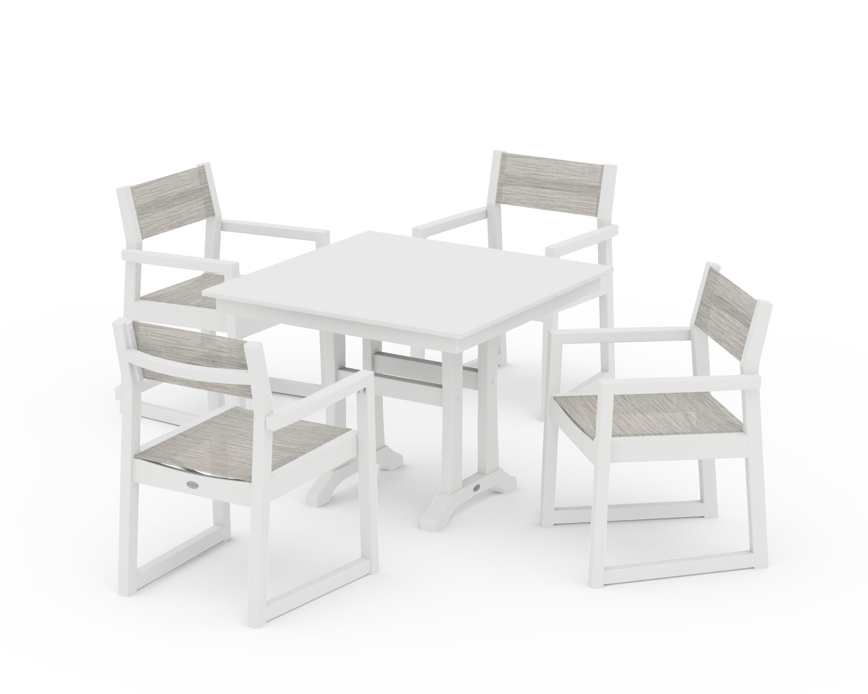 POLYWOOD EDGE Sling 5-Piece Farmhouse Dining Set with Trestle Legs in White / Birch Sling
