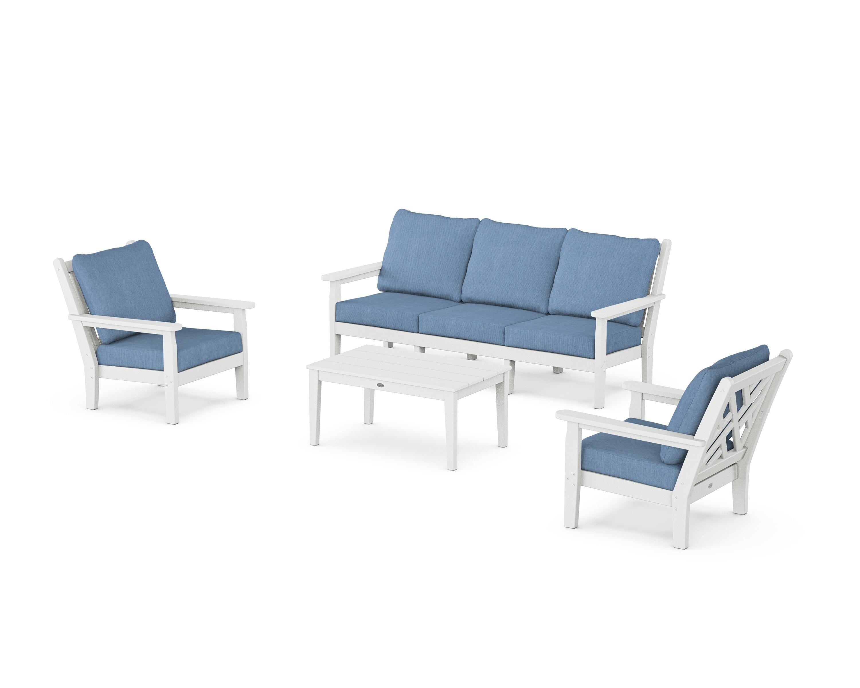 POLYWOOD Chippendale 4-Piece Deep Seating Set with Sofa in White / Sky Blue