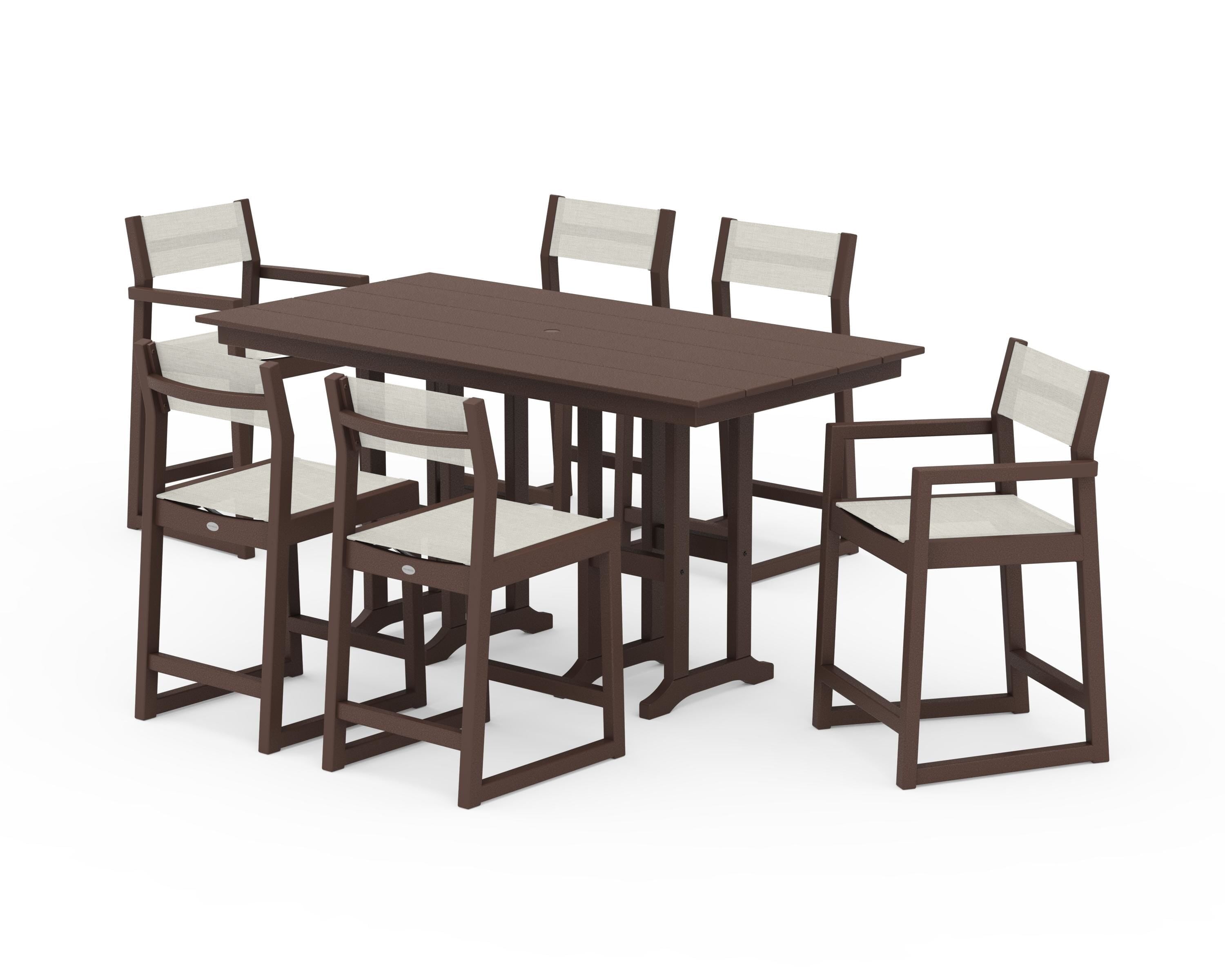 POLYWOOD EDGE Sling 7-Piece Farmhouse Counter Set with Trestle Legs in Mahogany / Parchment Sling