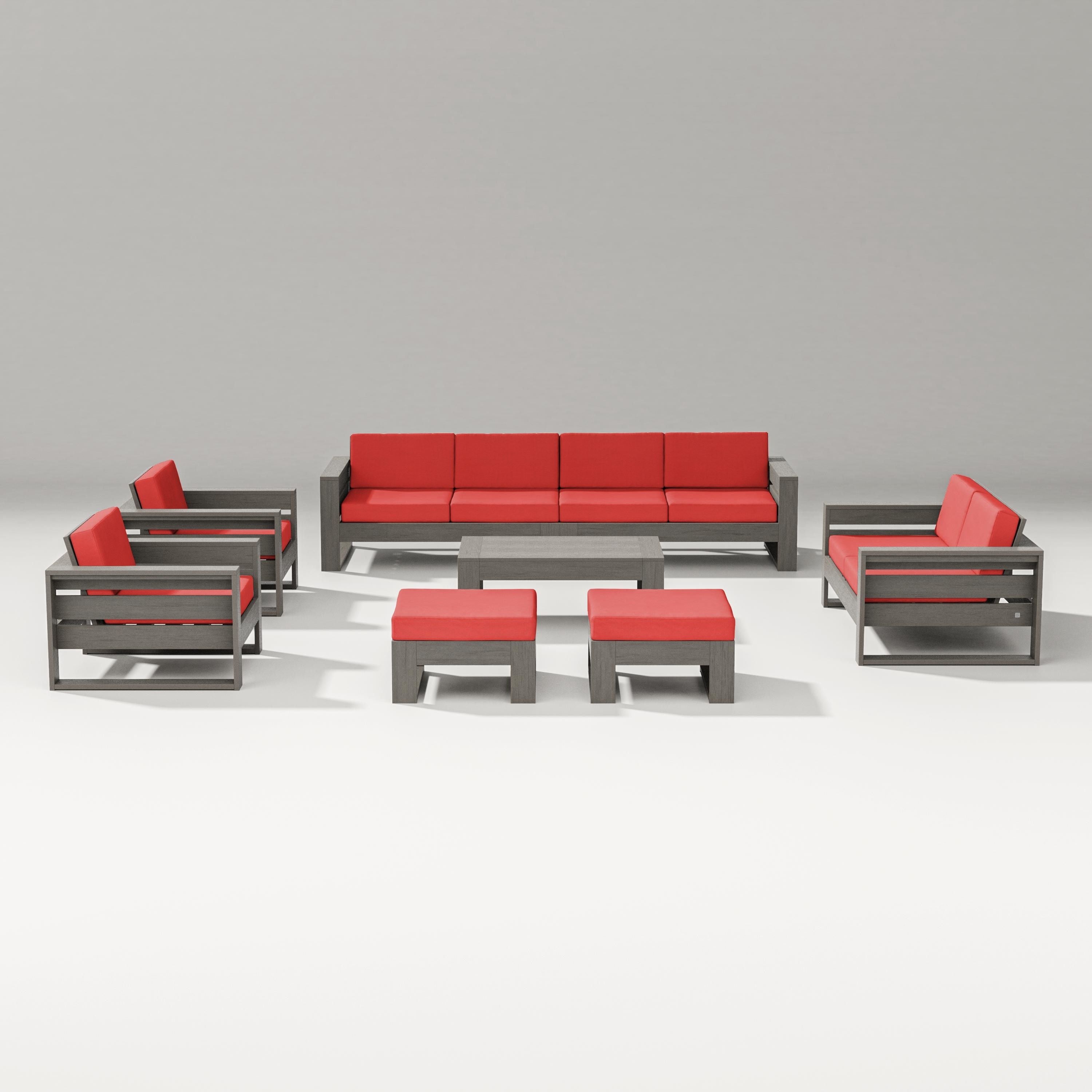PW Designer Series Latitude 8-Piece Lounge Sofa Set in Driftwood / Crimson Linen