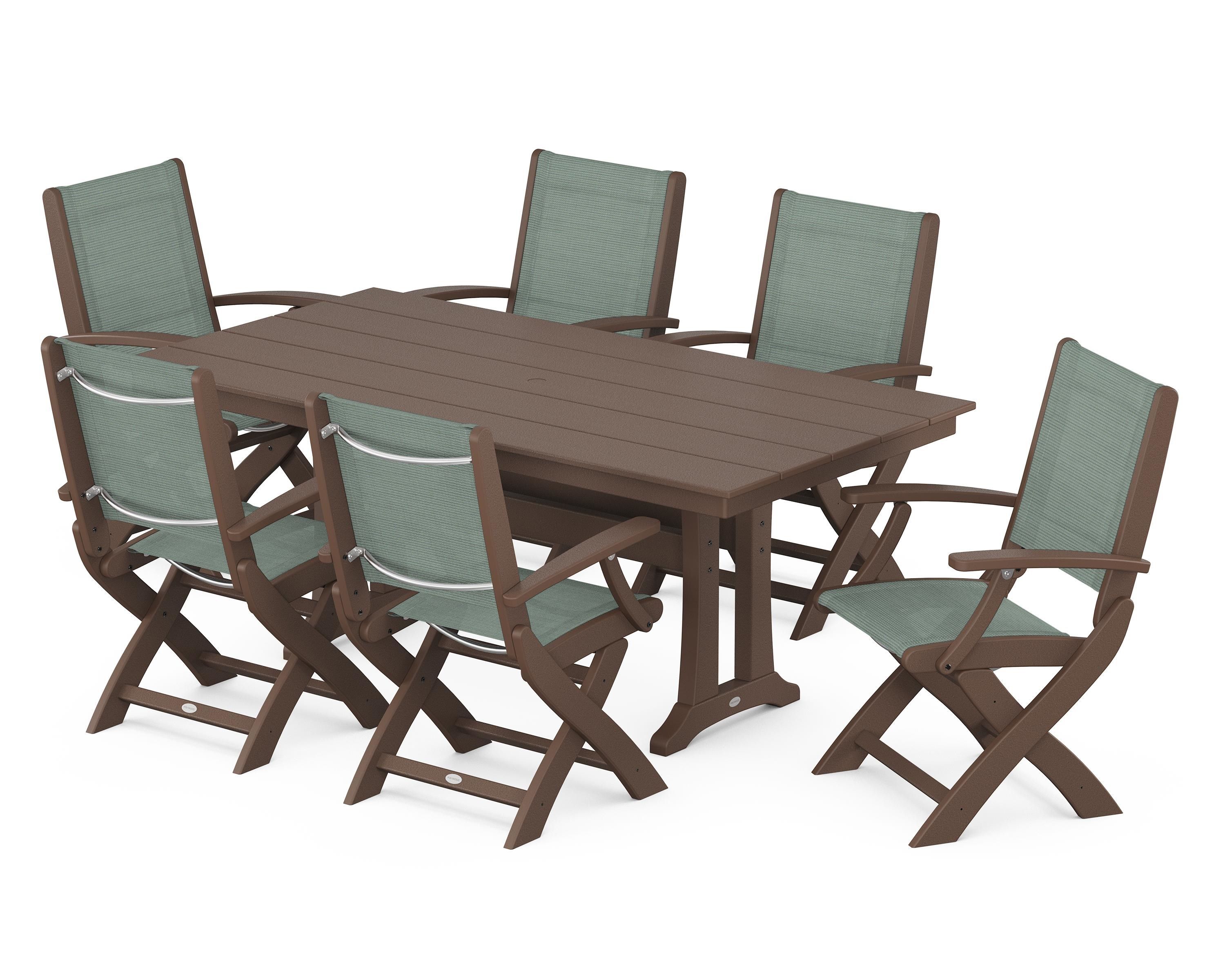 POLYWOOD Coastal Folding Arm Chair 7-Piece Farmhouse Dining Set with Trestle Legs in Mahogany / Dupioni Sea Mist Sling