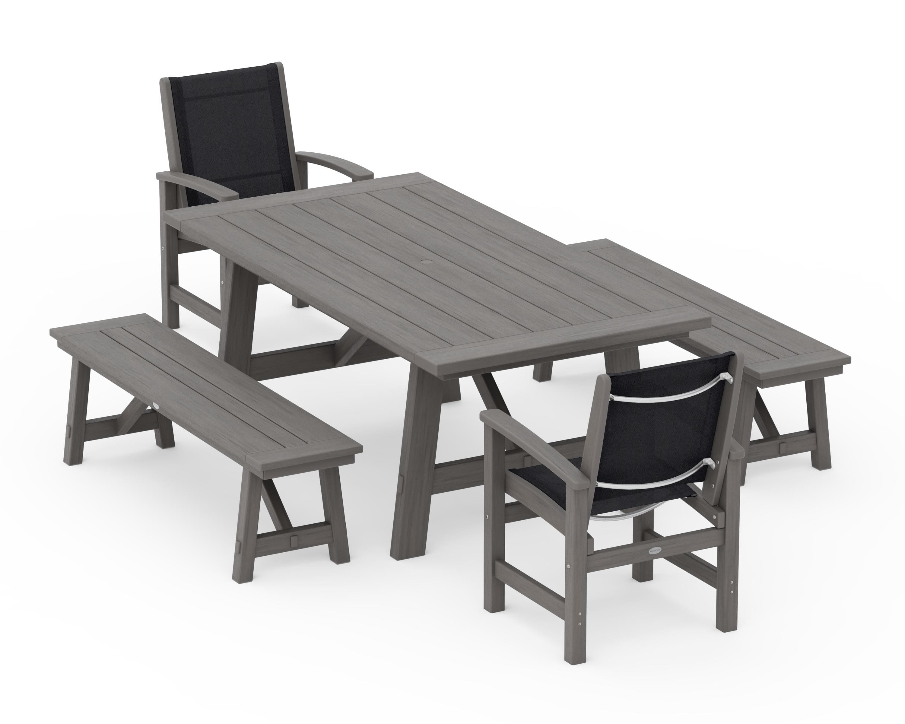 POLYWOOD Coastal 5-Piece Rustic Farmhouse Dining Set With Benches in Driftwood / Black Sling