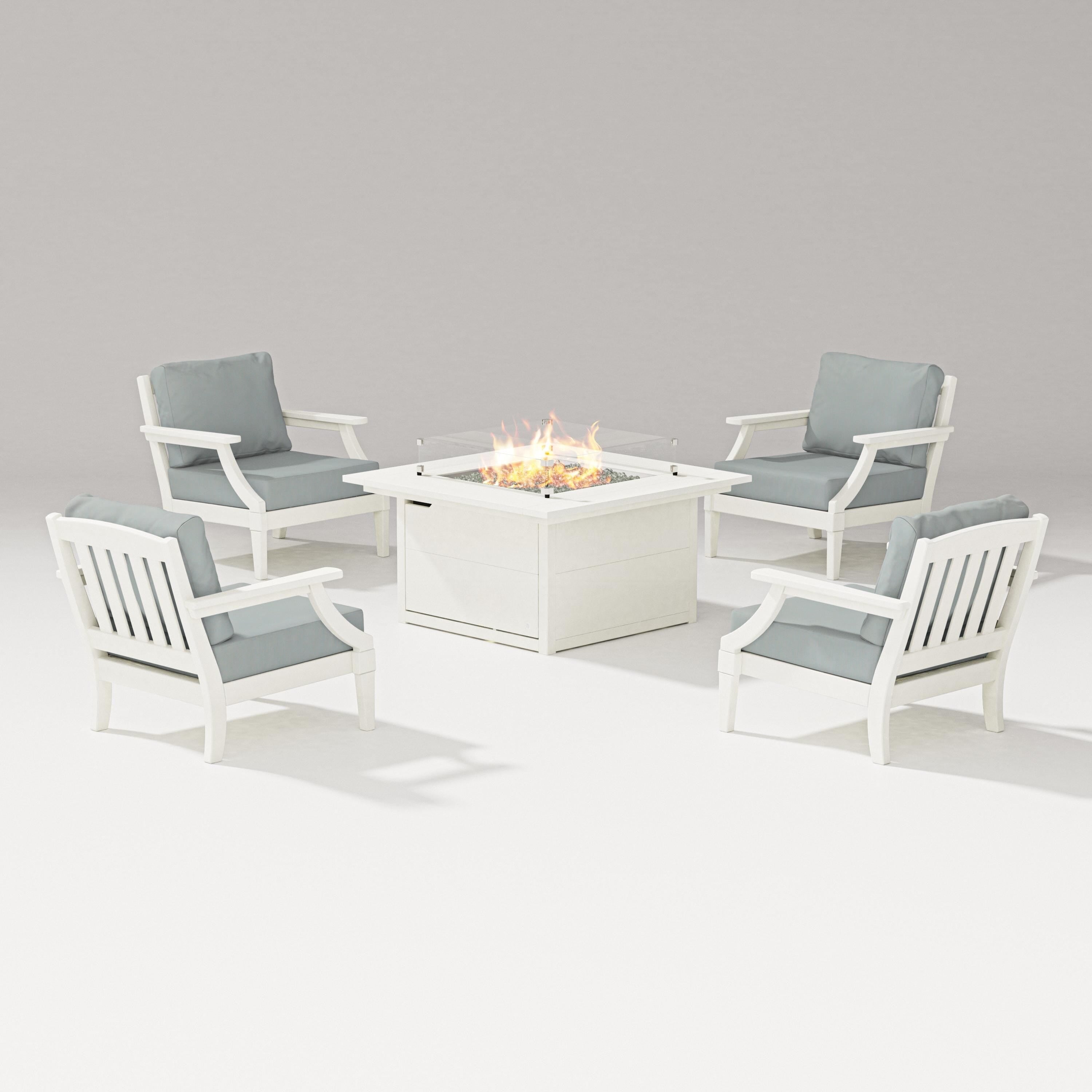 PW Designer Series Estate 5-Piece Lounge Fire Table Set in Vintage White / Spa