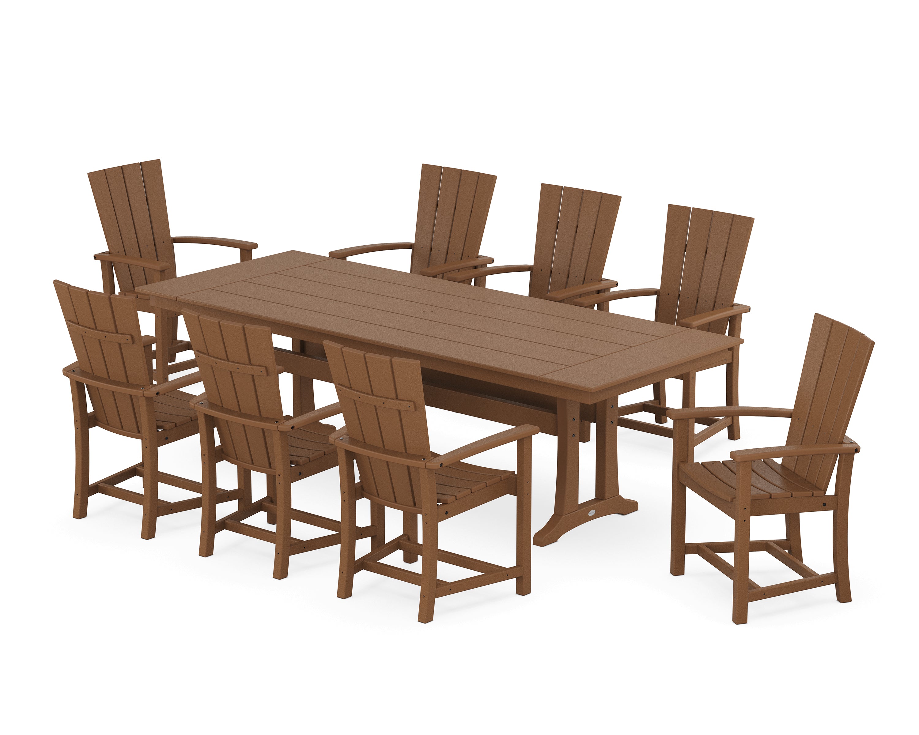 POLYWOOD® Quattro Adirondack 9-Piece Farmhouse Dining Set with Trestle Legs in Teak