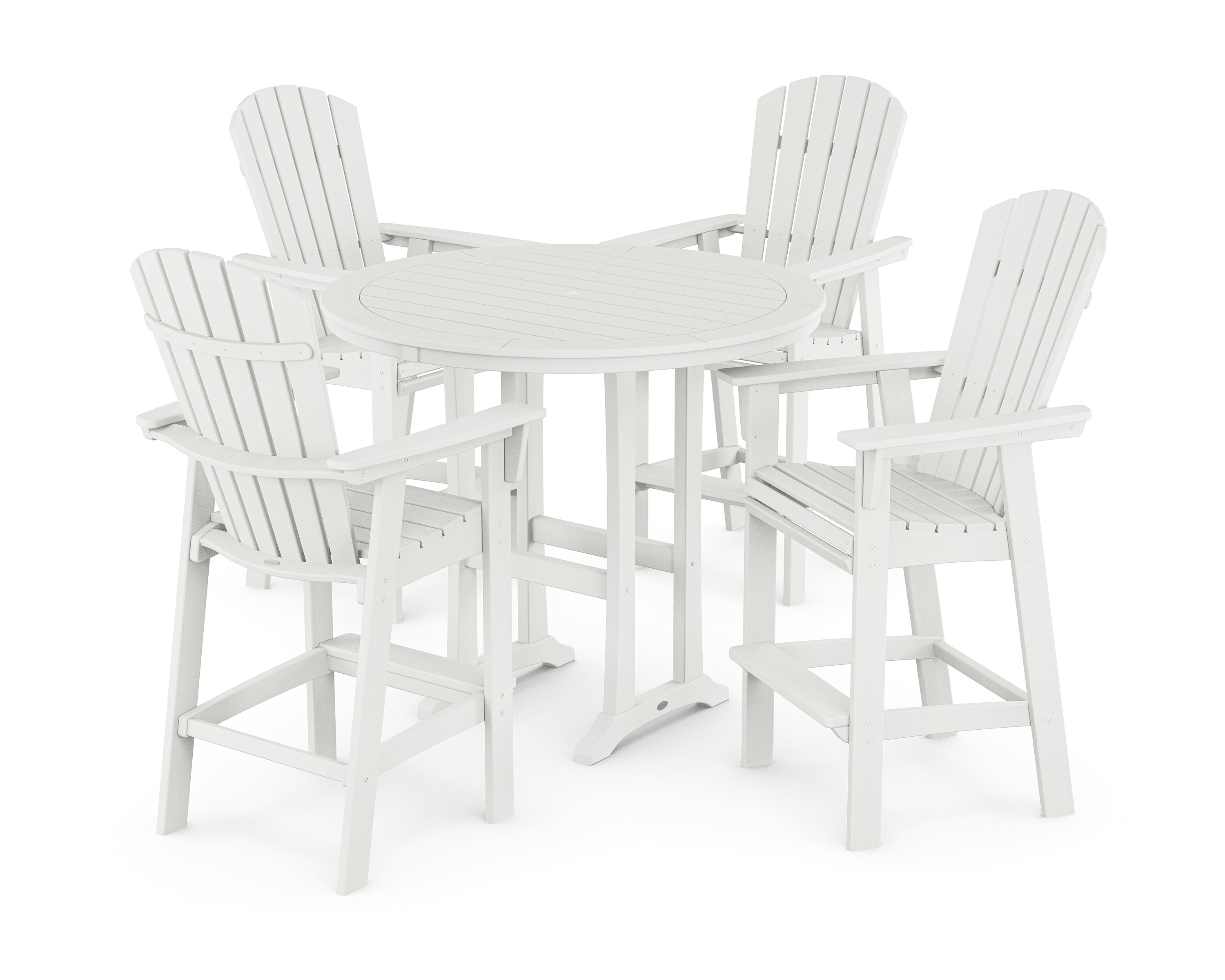 POLYWOOD® Nautical Curveback Adirondack 5-Piece Round Trestle Bar Set in Vintage White