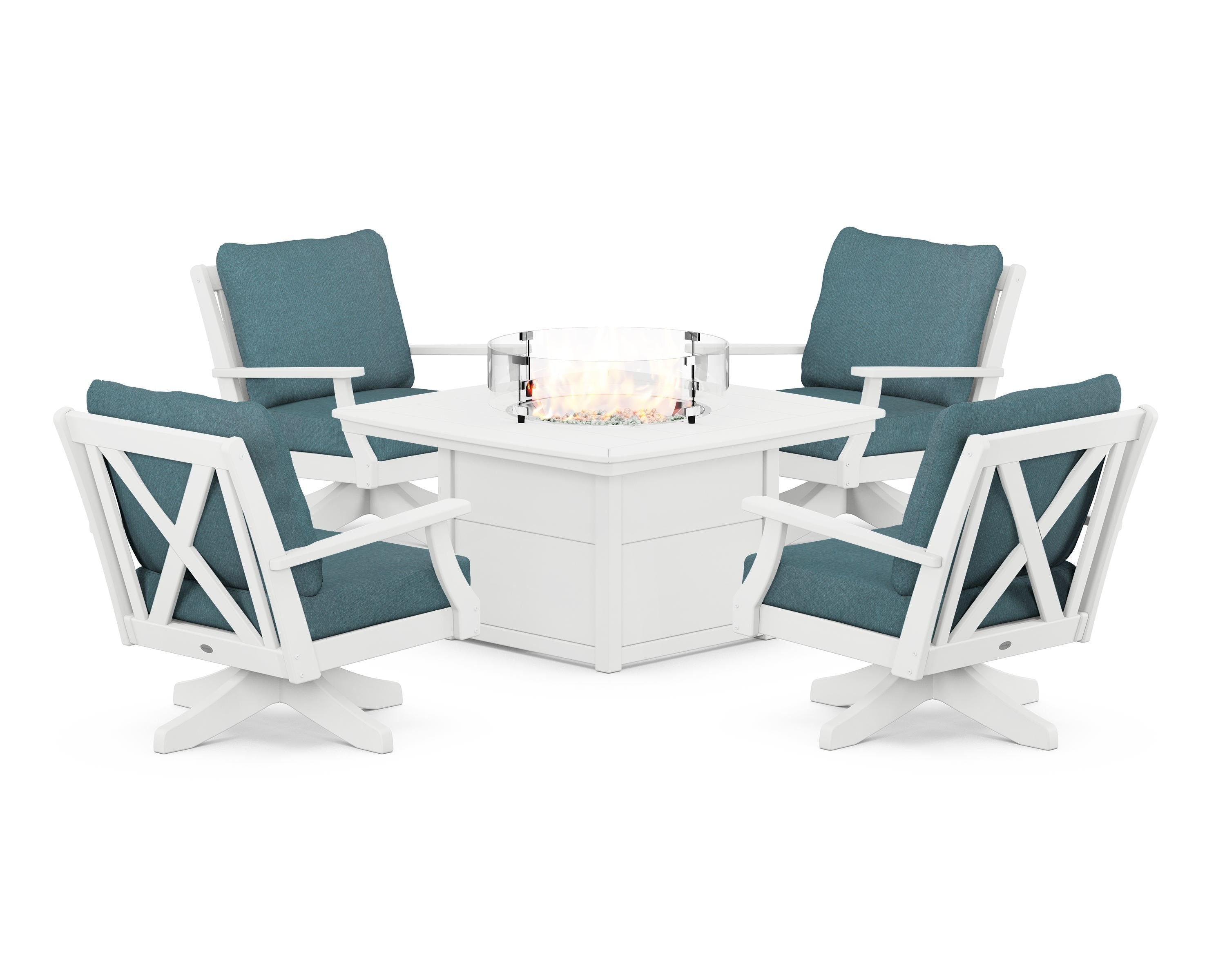 POLYWOOD Braxton 5-Piece Deep Seating Swivel Conversation Set with Fire Pit Table in White / Ocean Teal