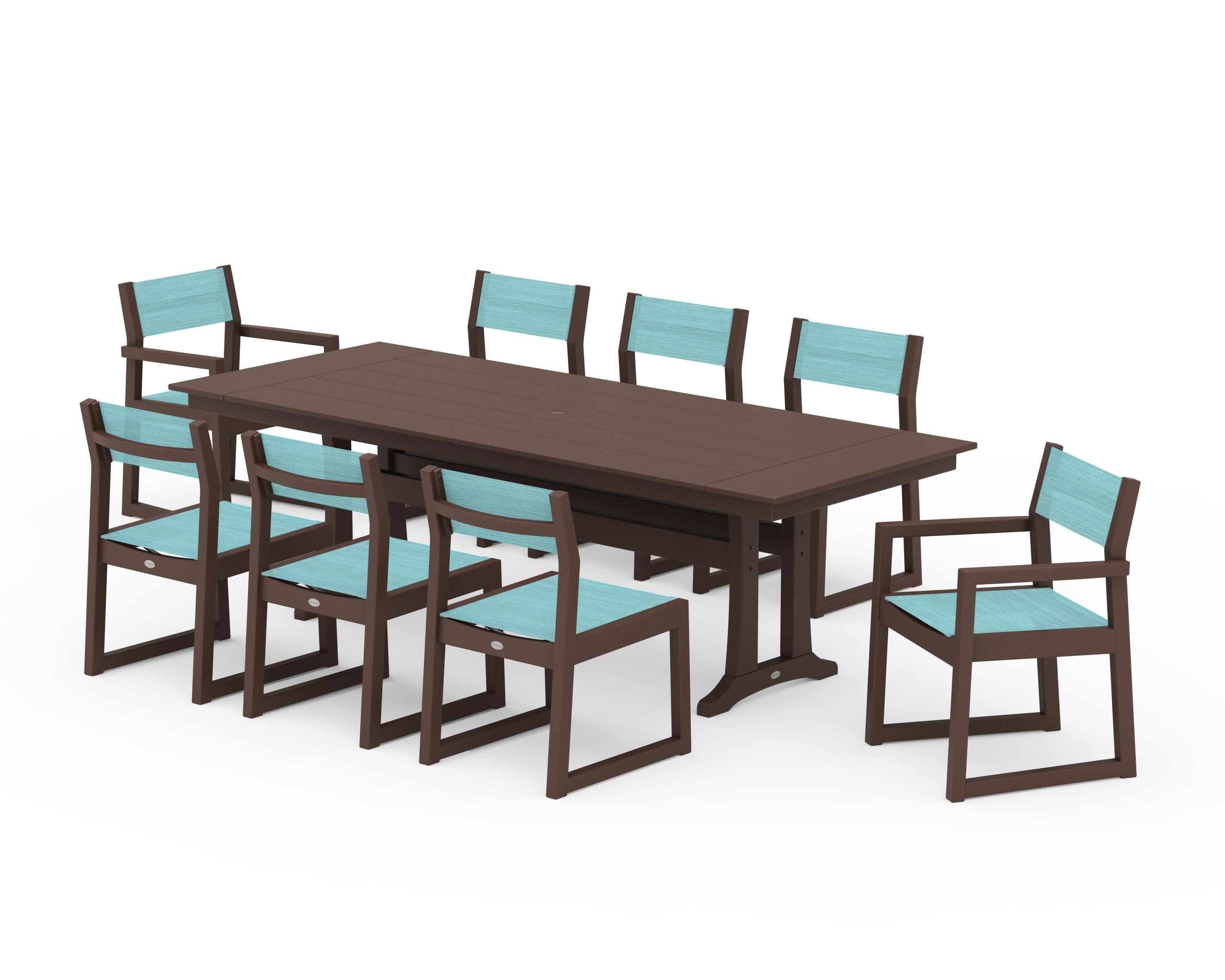 POLYWOOD EDGE Sling 9-Piece Farmhouse Trestle Dining Set in Mahogany / Dupioni Aquamarine Sling
