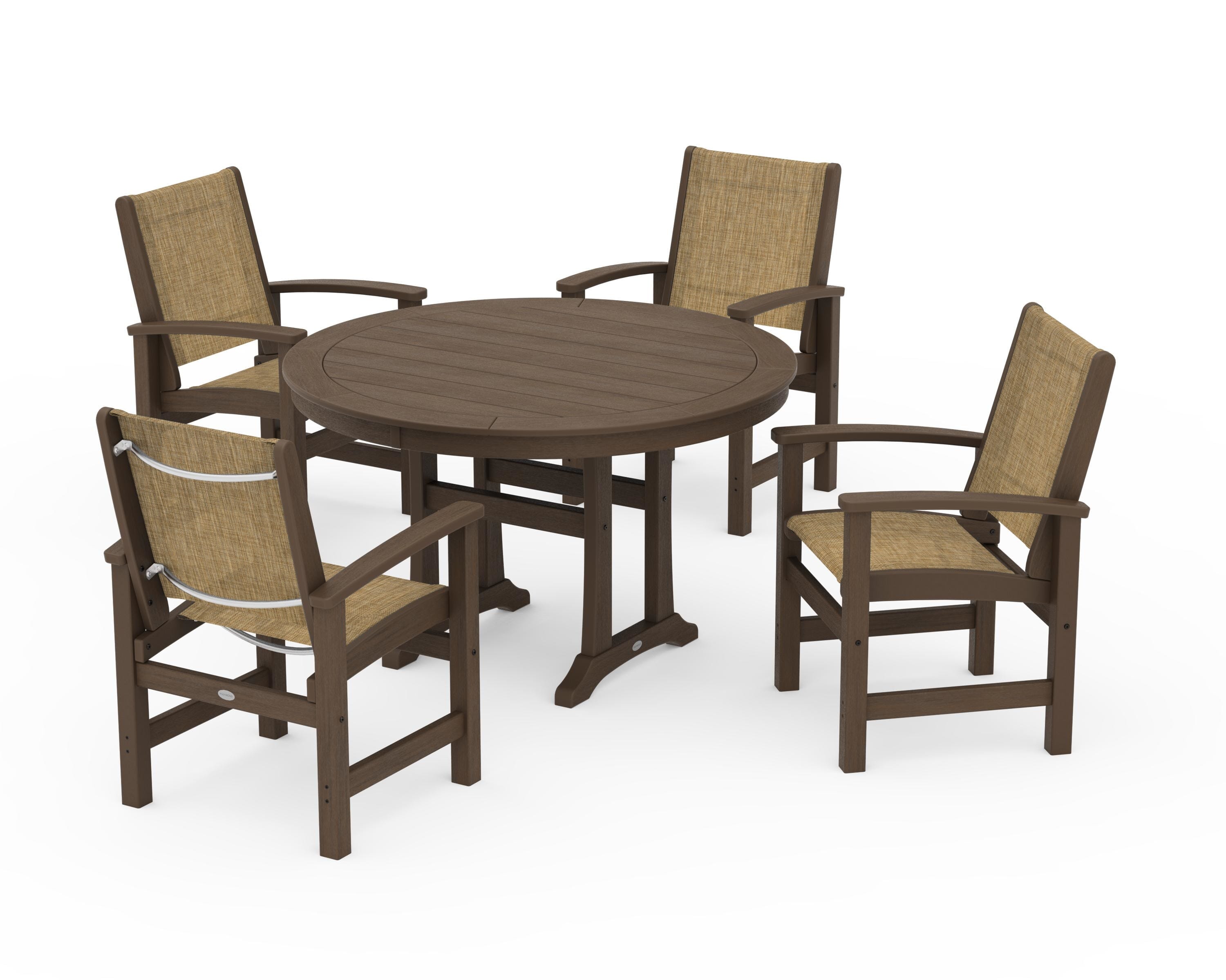 POLYWOOD Coastal 5-Piece Round Dining Set with Trestle Legs in Kona / Burlap Sling
