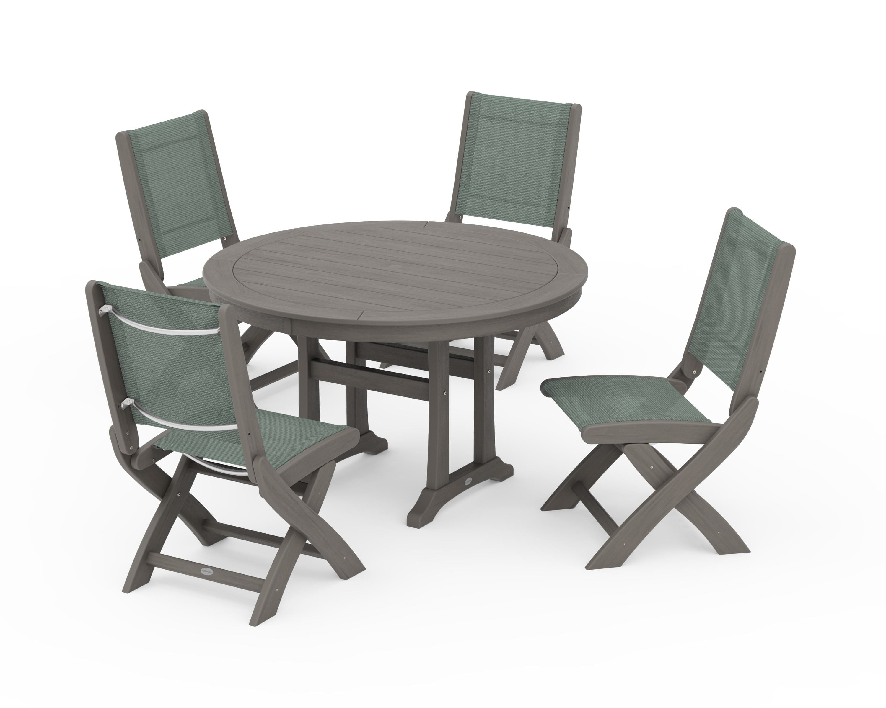 POLYWOOD Coastal Folding Side Chair 5-Piece Round Dining Set With Trestle Legs in Driftwood / Dupioni Sea Mist Sling