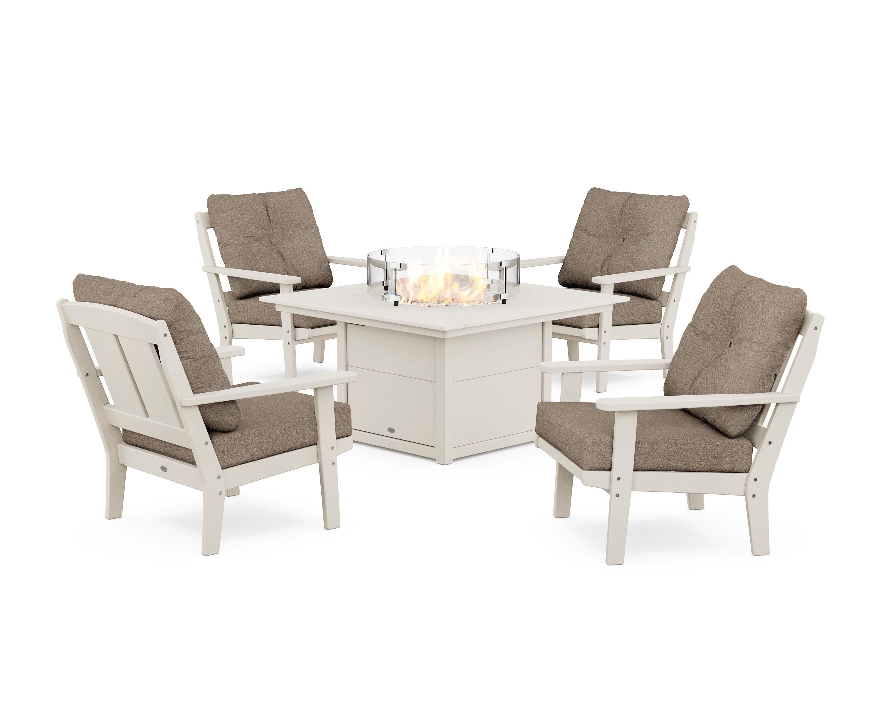 POLYWOOD Mission 5-Piece Deep Seating Set with Fire Pit Table in Sand / Spiced Burlap