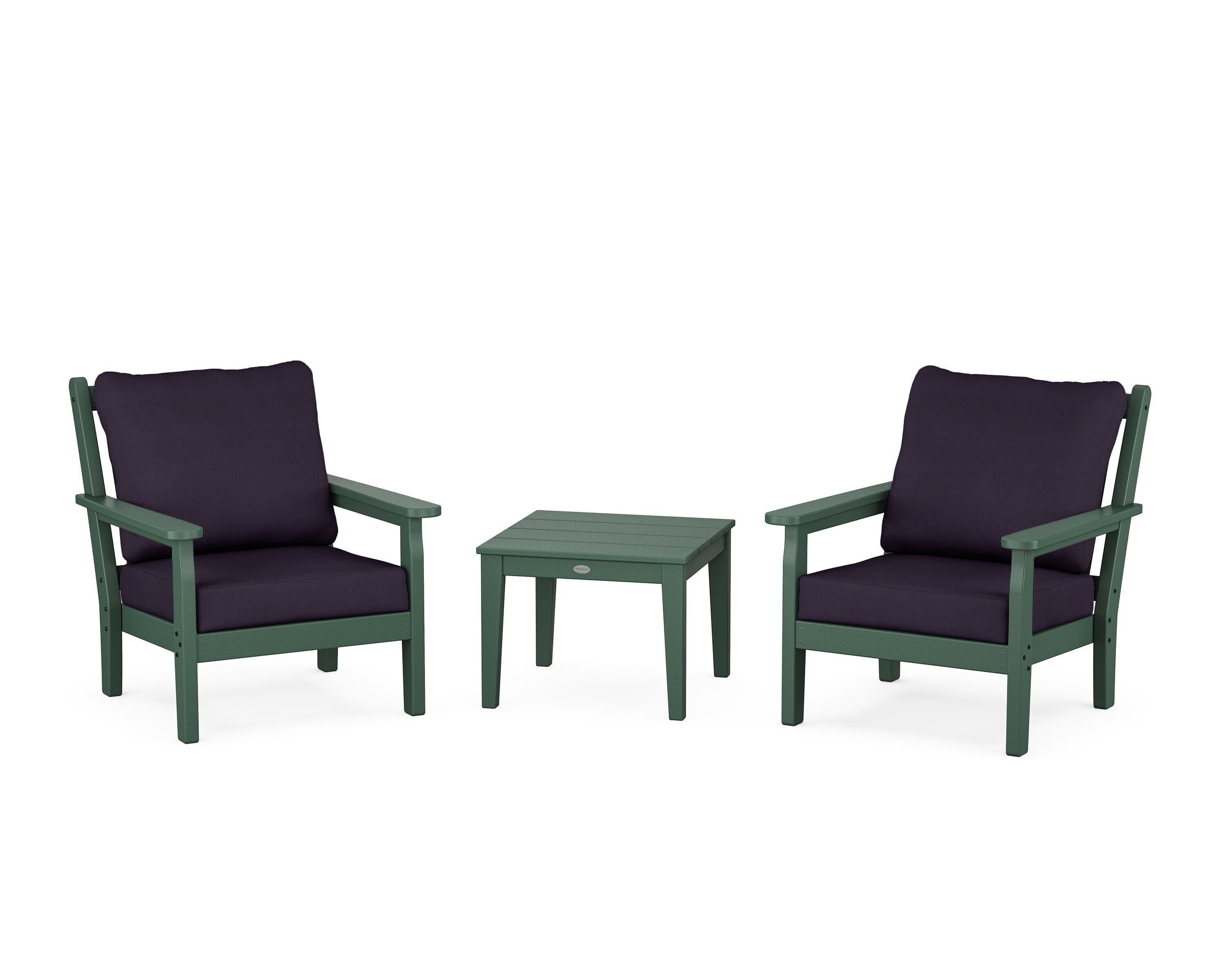 POLYWOOD Chippendale 3-Piece Deep Seating Set in Green / Navy Linen