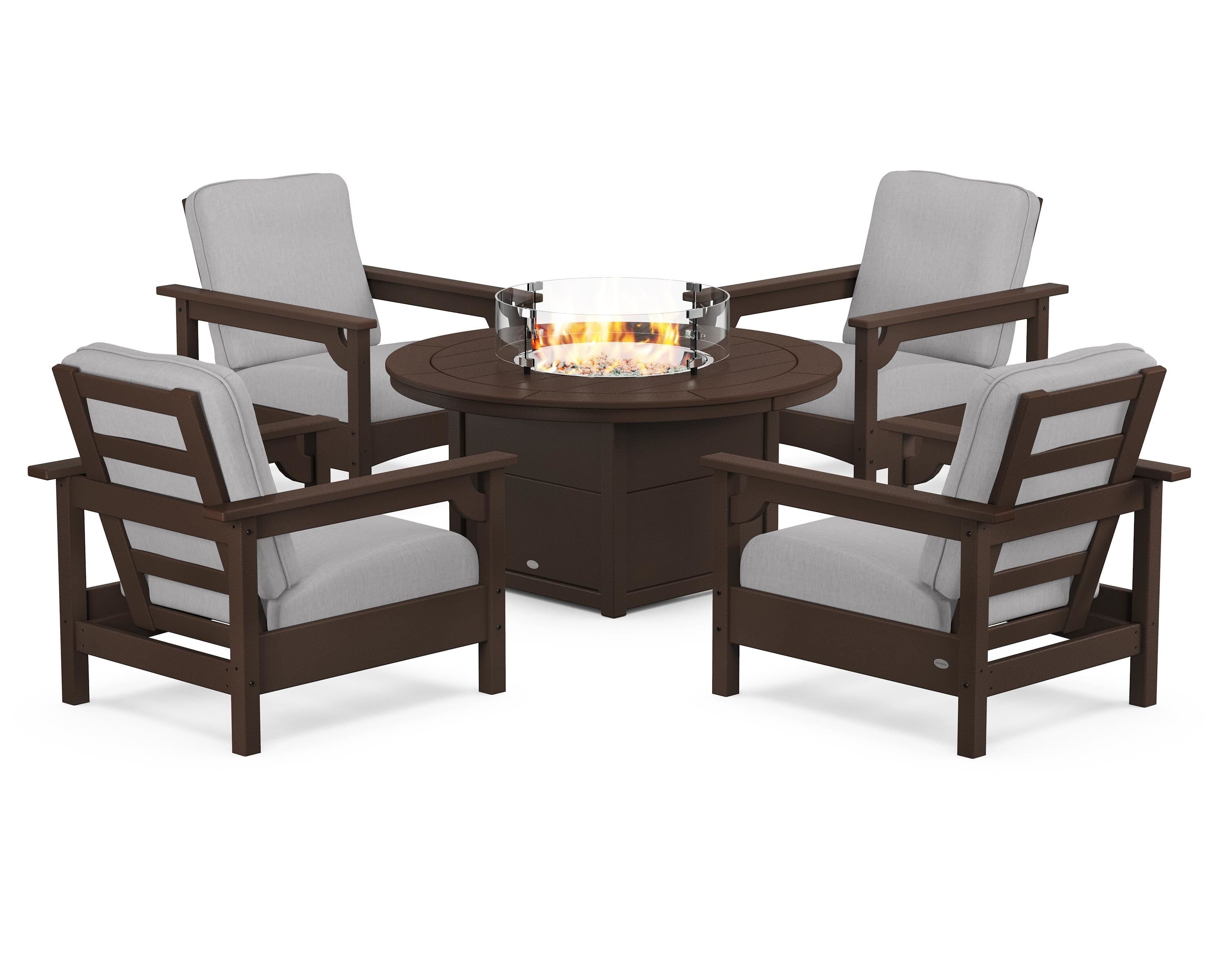 POLYWOOD Club 5-Piece Conversation Set with Fire Pit Table in Mahogany / Granite