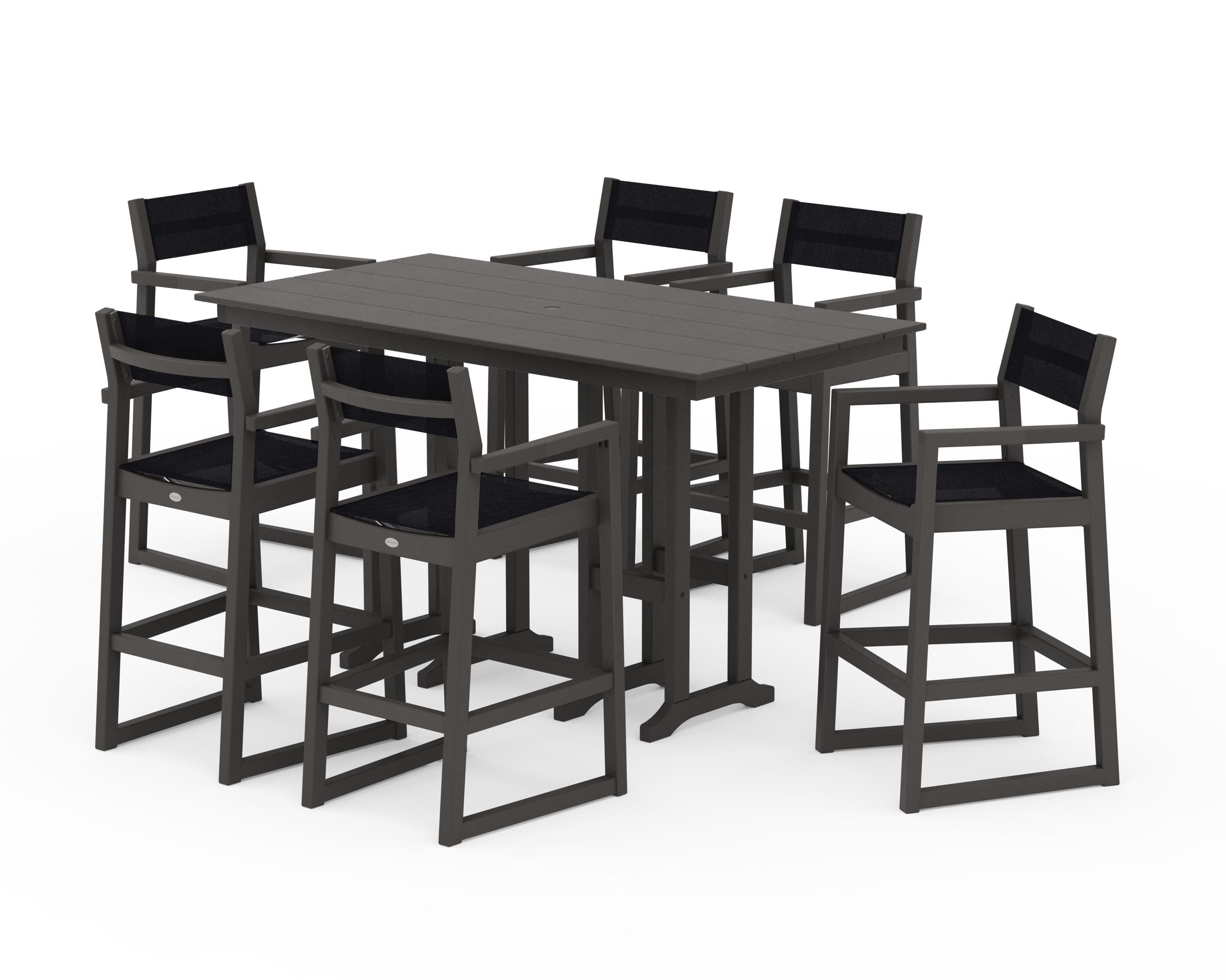 POLYWOOD EDGE Sling Arm Chair 7-Piece Farmhouse Bar Set in Vintage Coffee / Black Sling