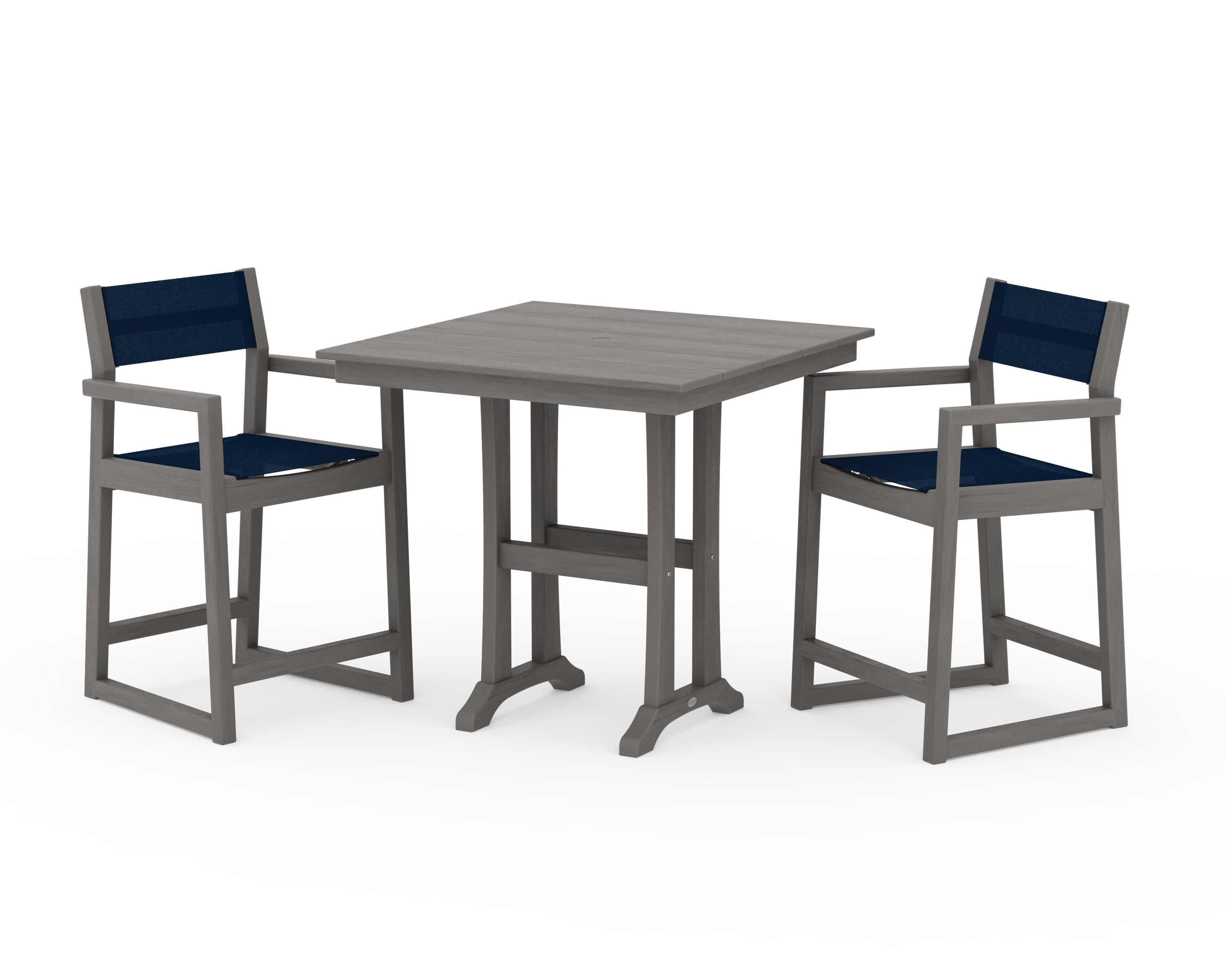 POLYWOOD EDGE Sling Arm Chair 3-Piece Farmhouse Counter Set with Trestle Legs in Driftwood / Navy Blue Sling