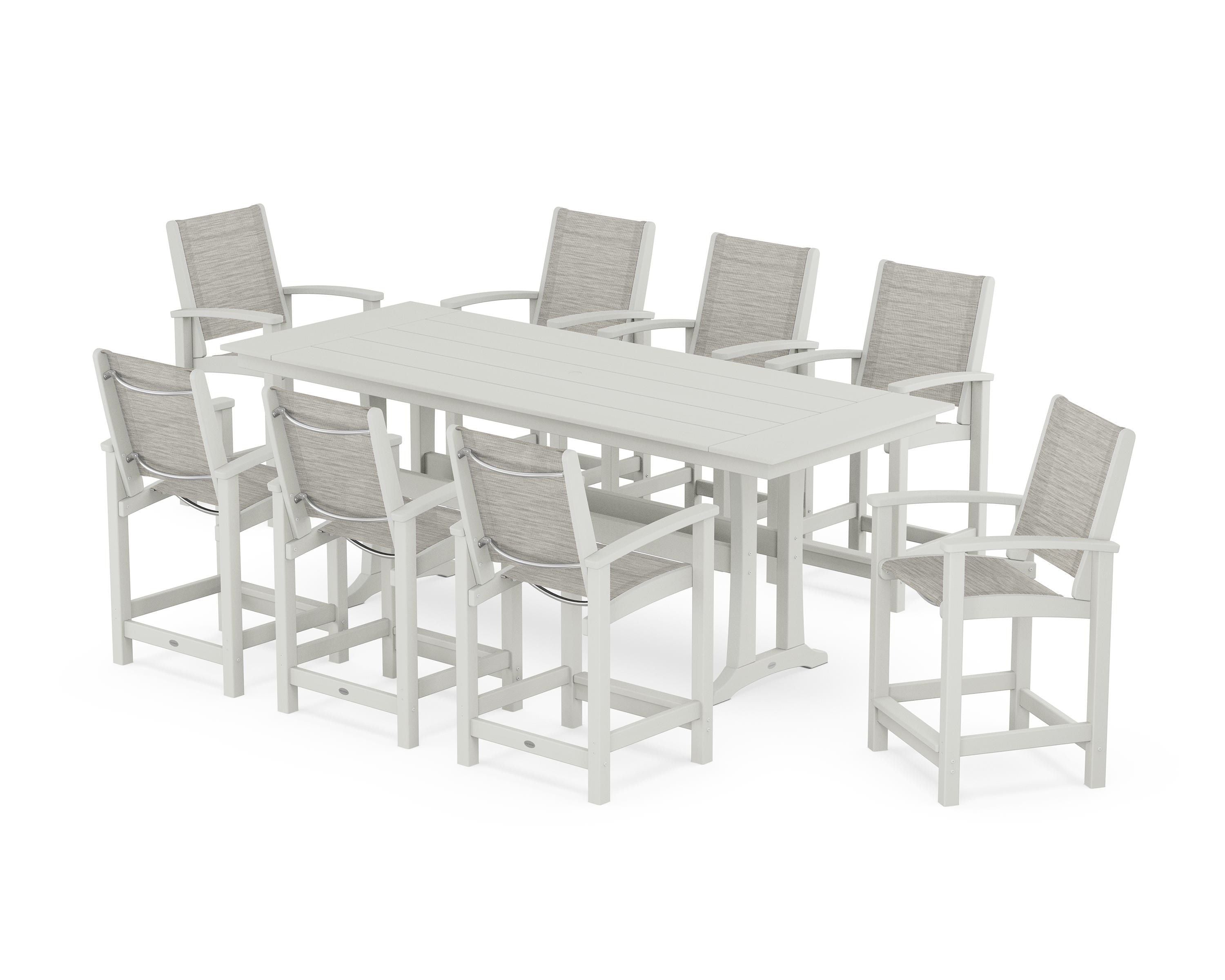 POLYWOOD Coastal 9-Piece Farmhouse Counter Set with Trestle Legs in Vintage White / Birch Sling