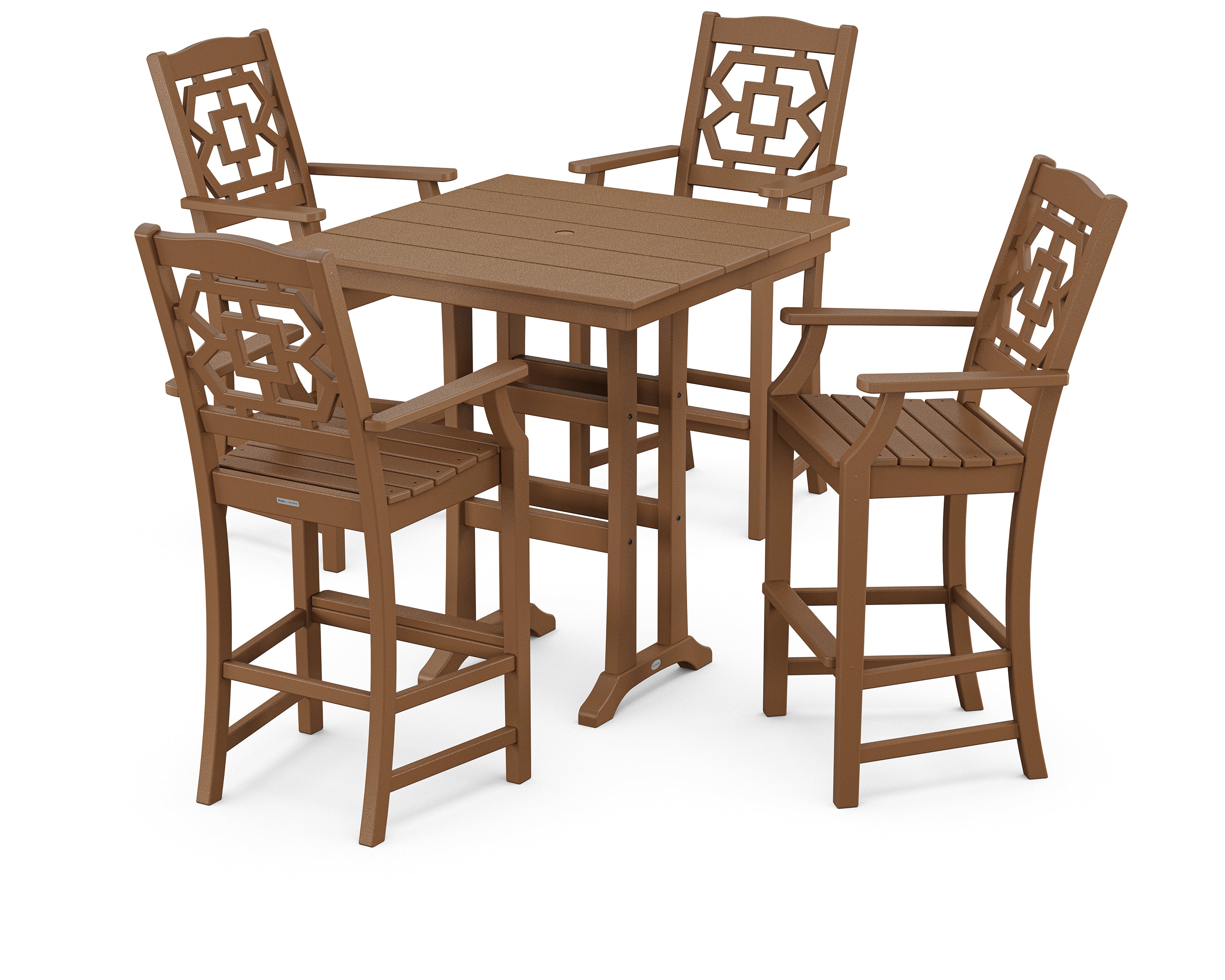 Martha Stewart by POLYWOOD Chinoiserie 5-Piece Farmhouse Bar Set with Trestle Legs in Teak