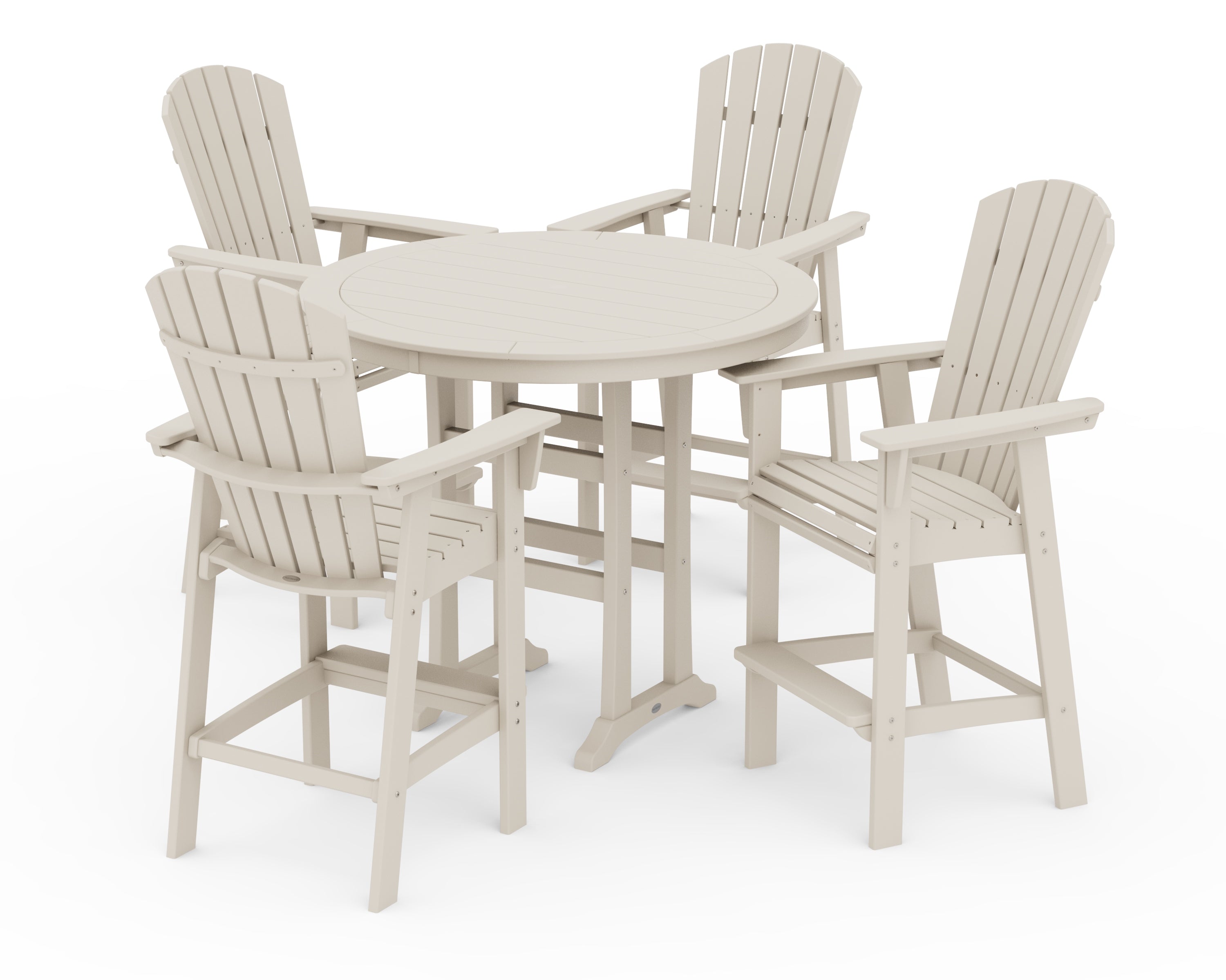 POLYWOOD Nautical Curveback Adirondack 5-Piece Round Trestle Bar Set in Sand