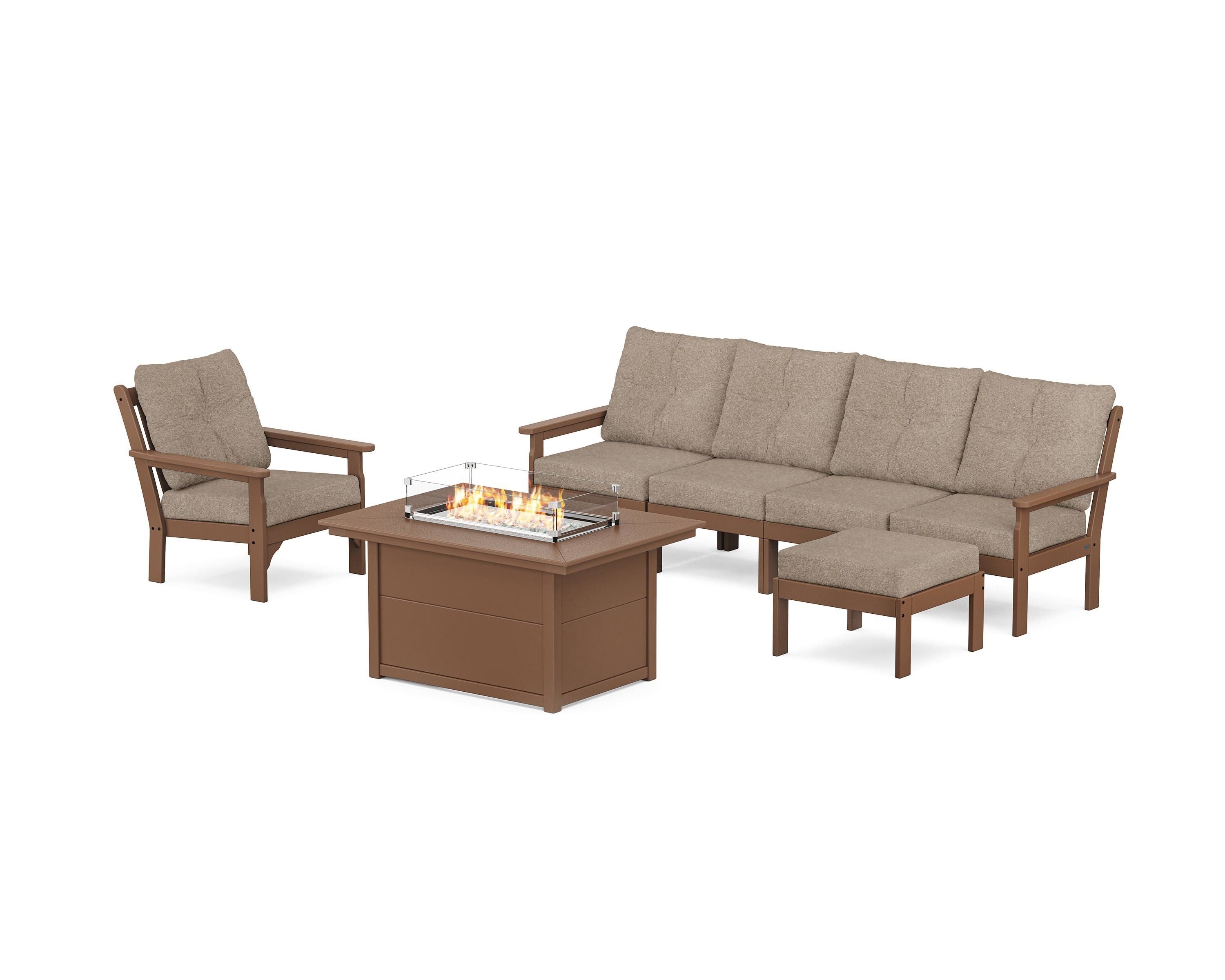 POLYWOOD Vineyard Sectional Lounge and Fire Pit Set in Teak / Spiced Burlap