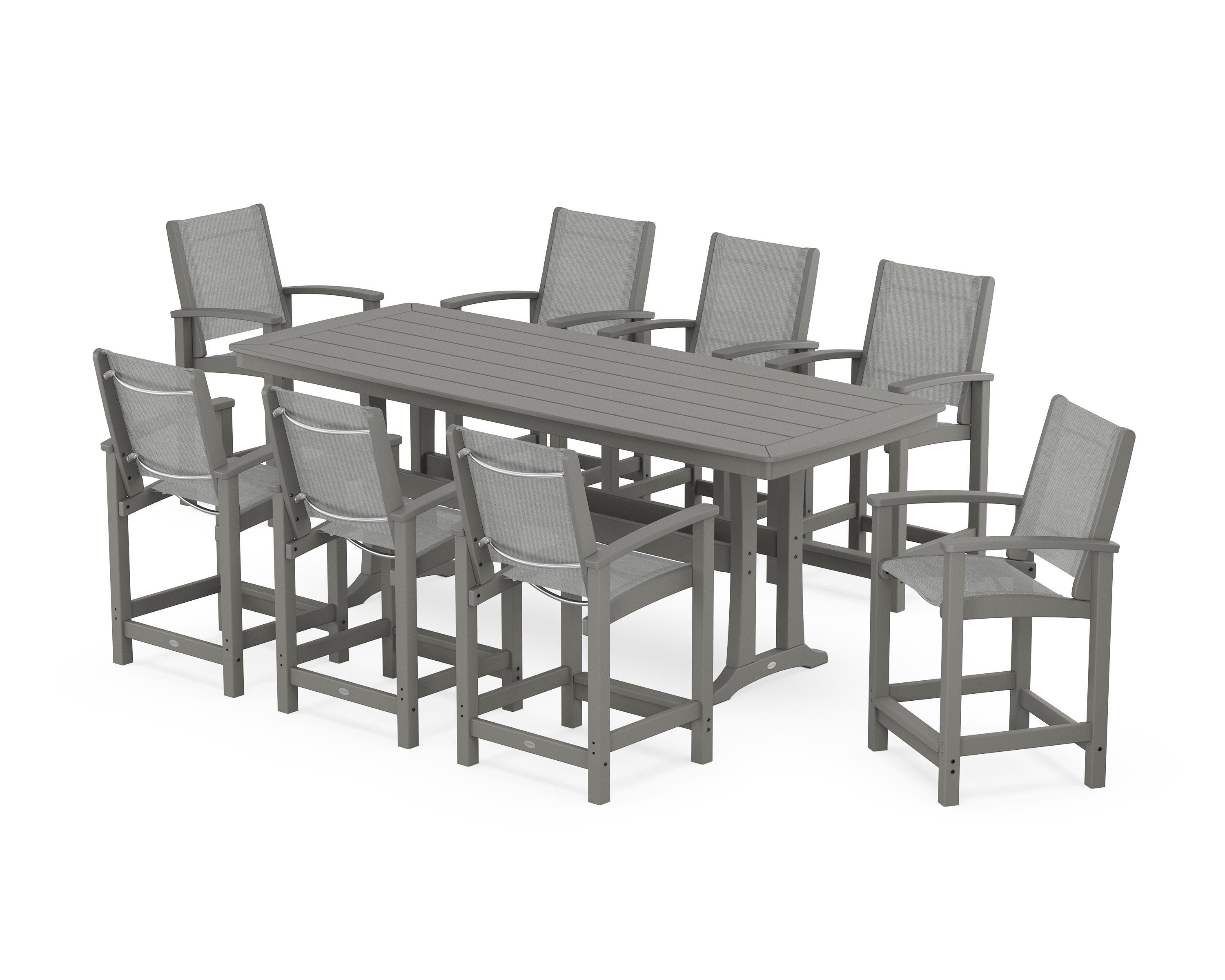 POLYWOOD Coastal 9-Piece Counter Set with Trestle Legs in Slate Grey / Metallic Sling