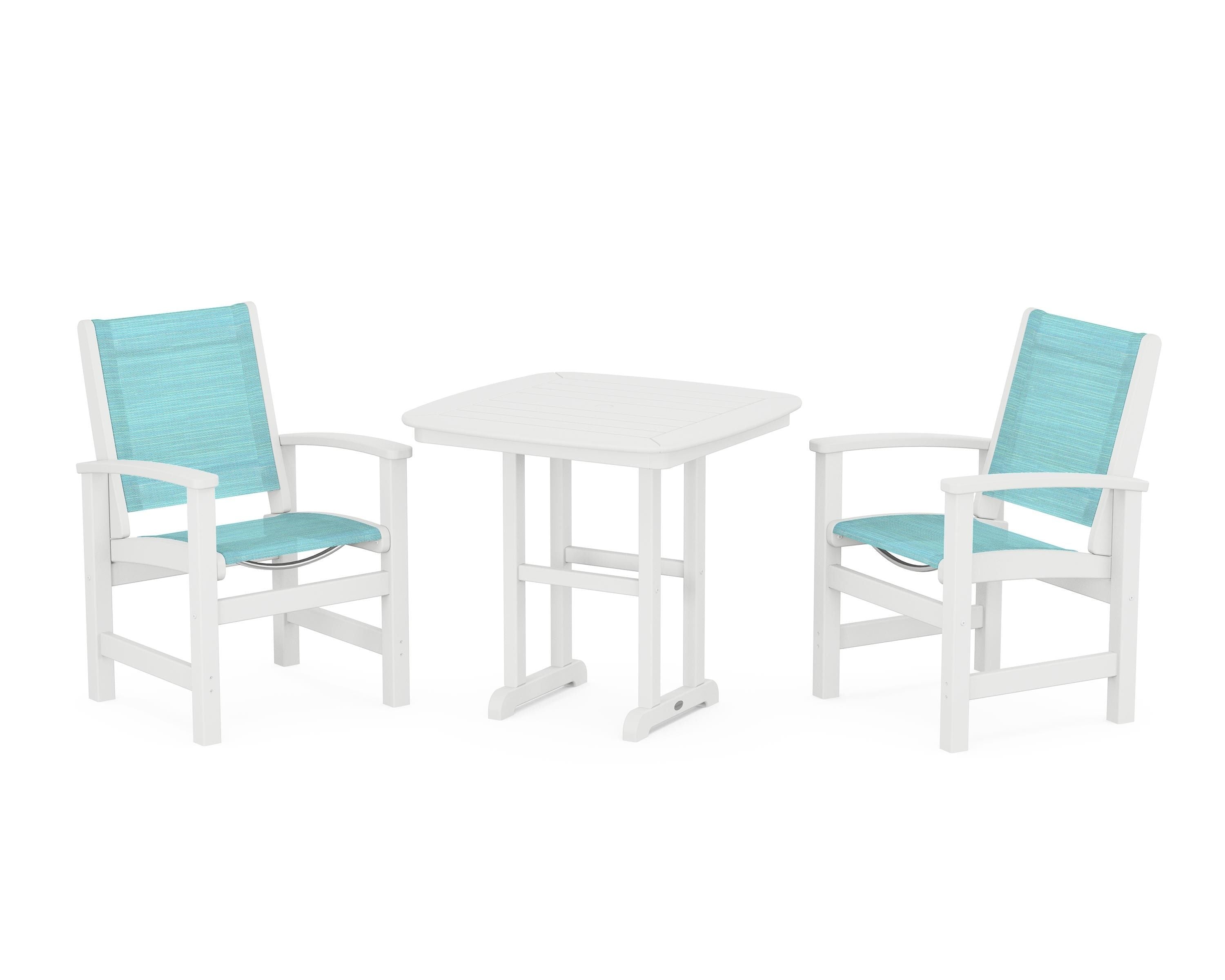 POLYWOOD Coastal 3-Piece Dining Set in White / Dupioni Aquamarine Sling
