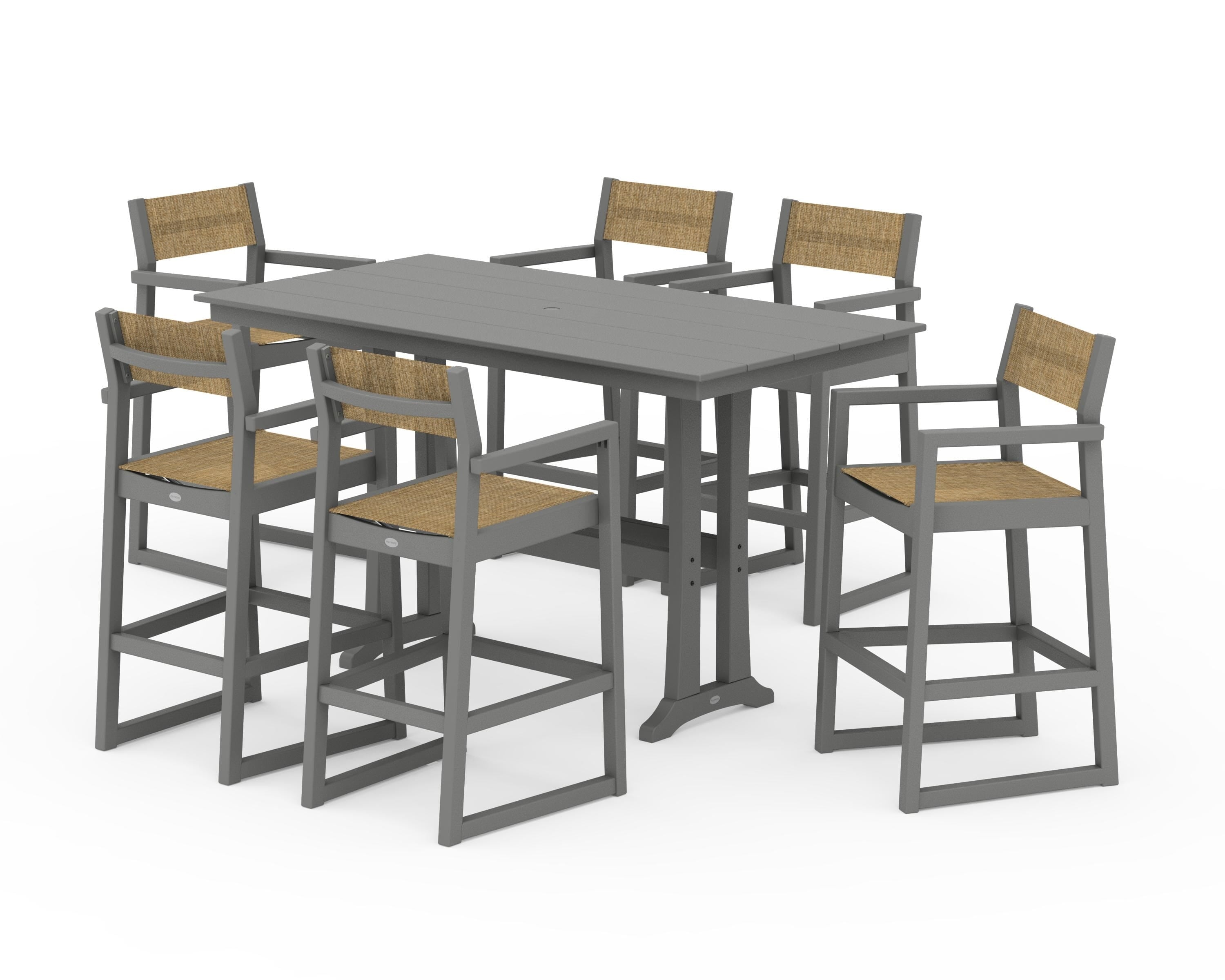 POLYWOOD EDGE Sling Arm Chair 7-Piece Farmhouse Bar Set with Trestle Legs in Slate Grey / Burlap Sling