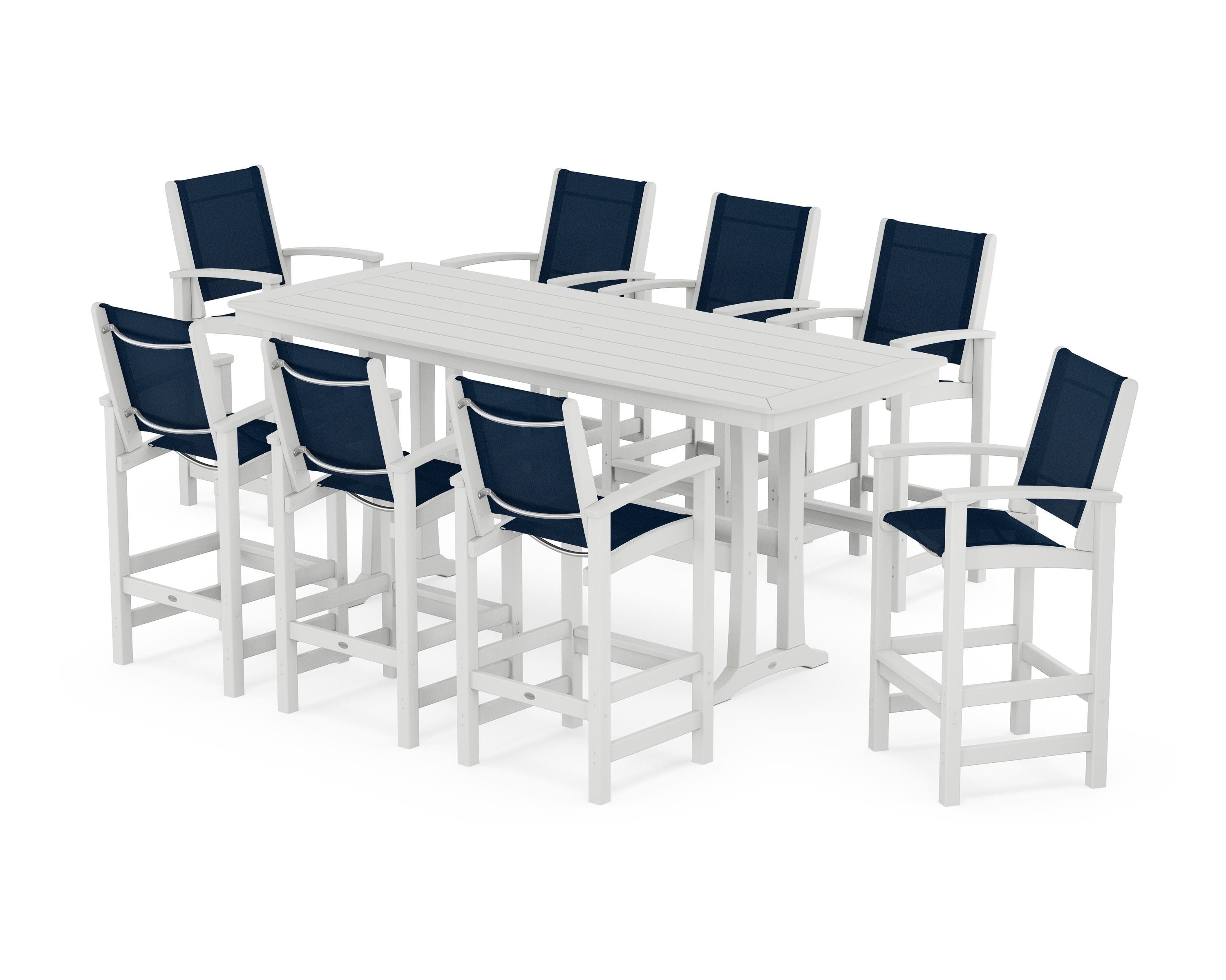 POLYWOOD Coastal 9-Piece Bar Set with Trestle Legs in White / Navy Blue Sling