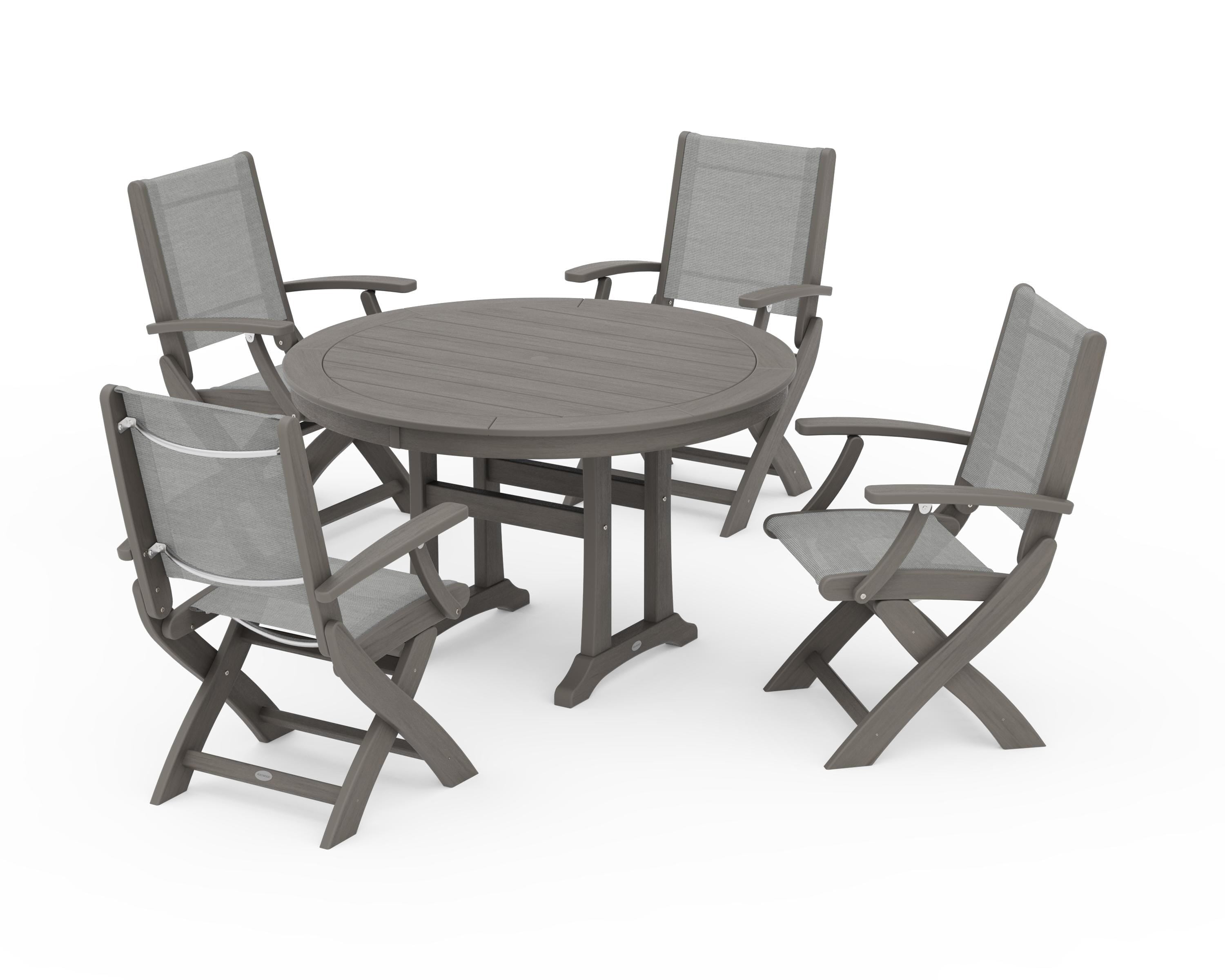 POLYWOOD Coastal Folding Chair 5-Piece Round Dining Set with Trestle Legs in Driftwood / Metallic Sling