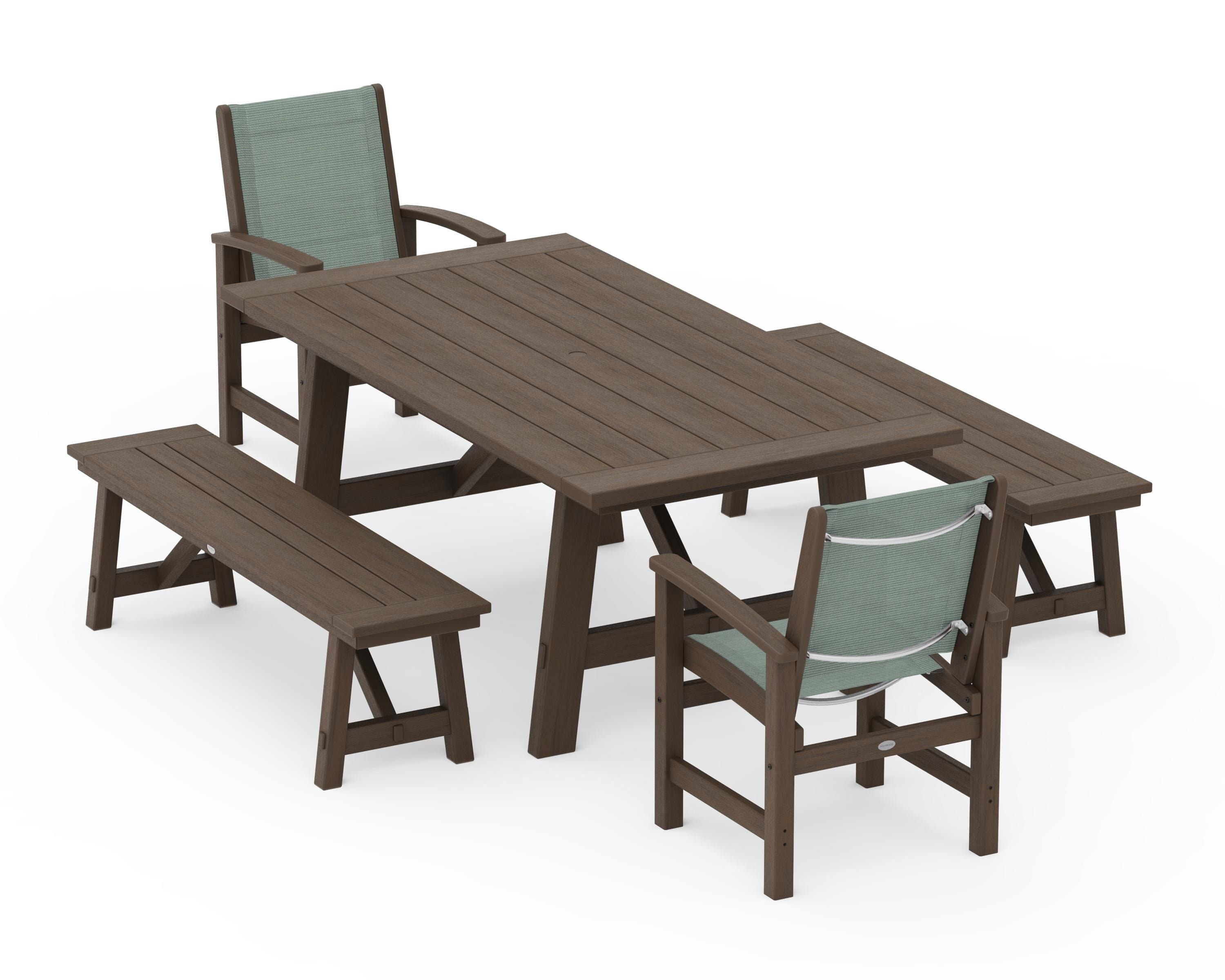 POLYWOOD Coastal 5-Piece Rustic Farmhouse Dining Set With Benches in Kona / Dupioni Sea Mist Sling