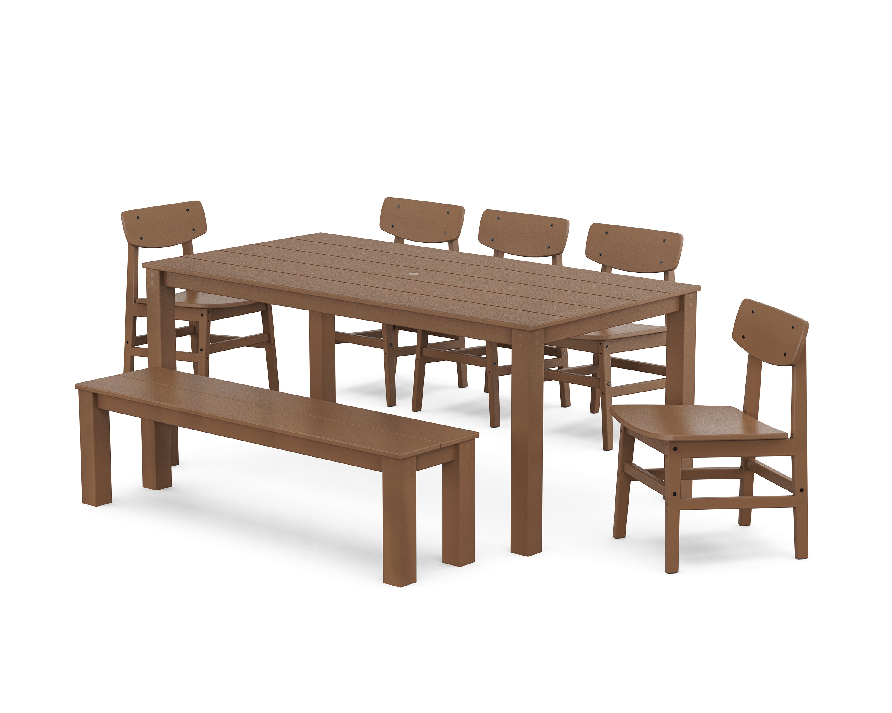 POLYWOOD® Modern Studio Urban Chair 7-Piece Parsons Dining Set with Bench in Teak