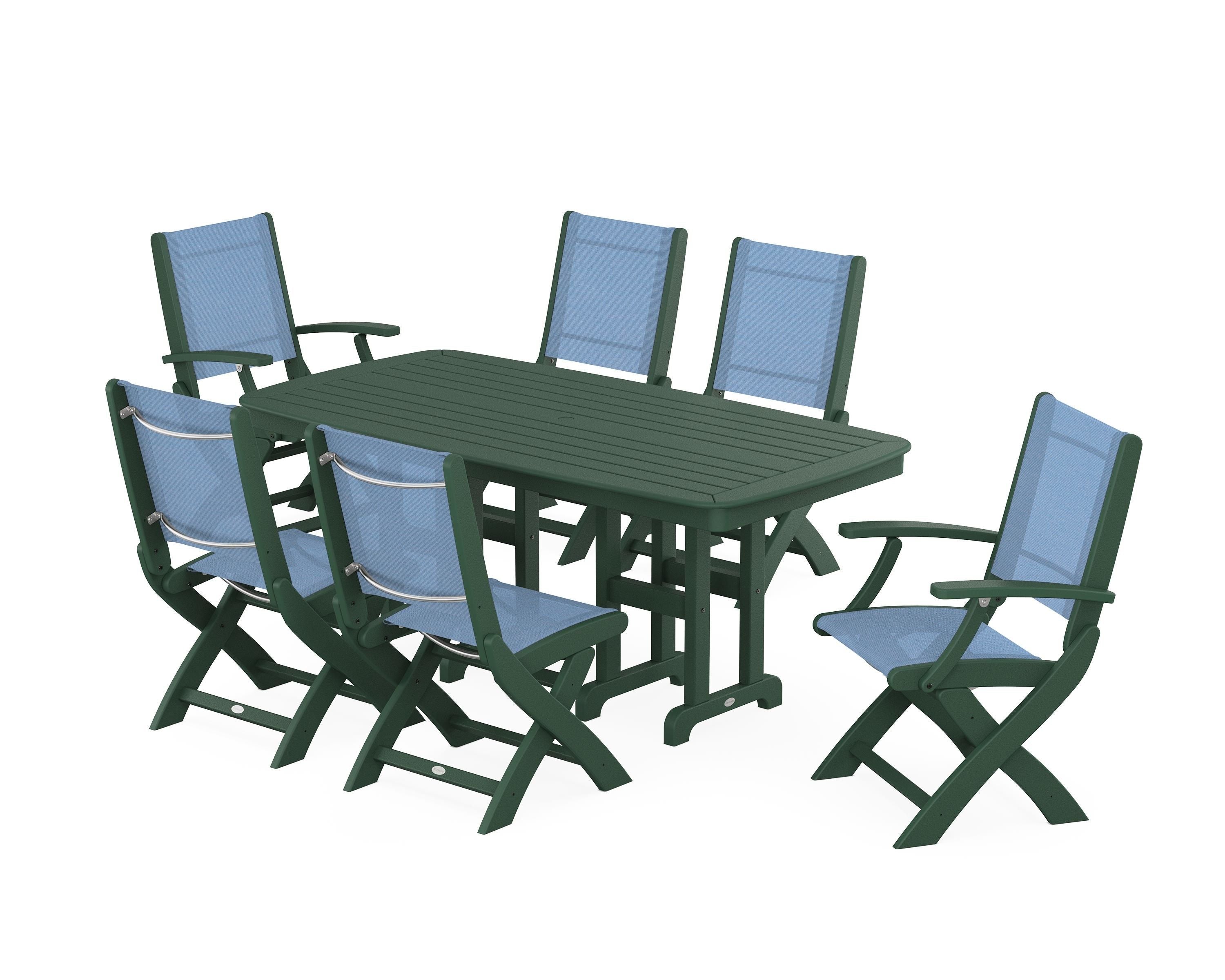 POLYWOOD Coastal Folding Chair 7-Piece Dining Set in Green / Poolside Sling