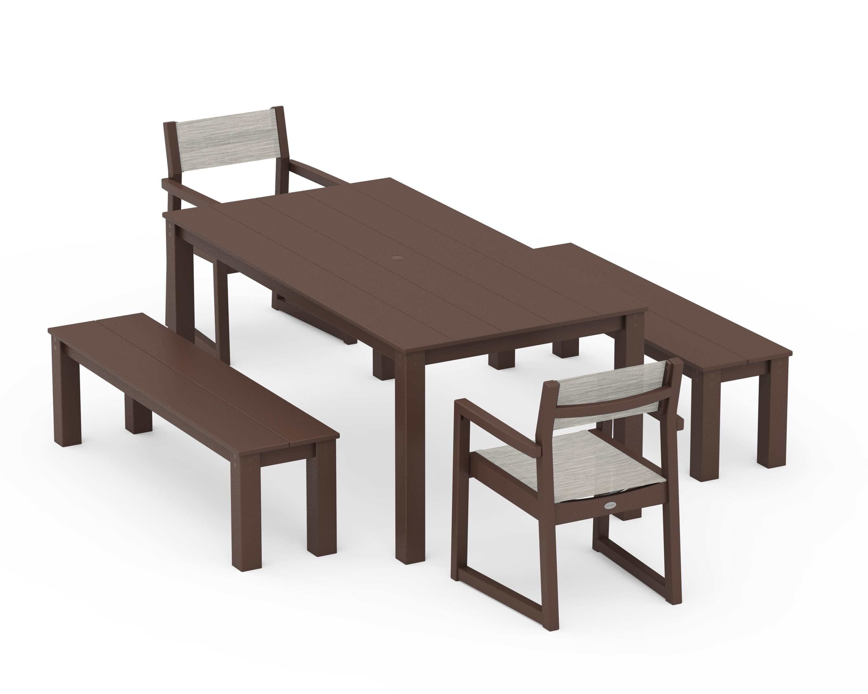 POLYWOOD EDGE Sling Arm Chair 5-Piece Parsons Dining Set with Benches in Mahogany / Birch Sling