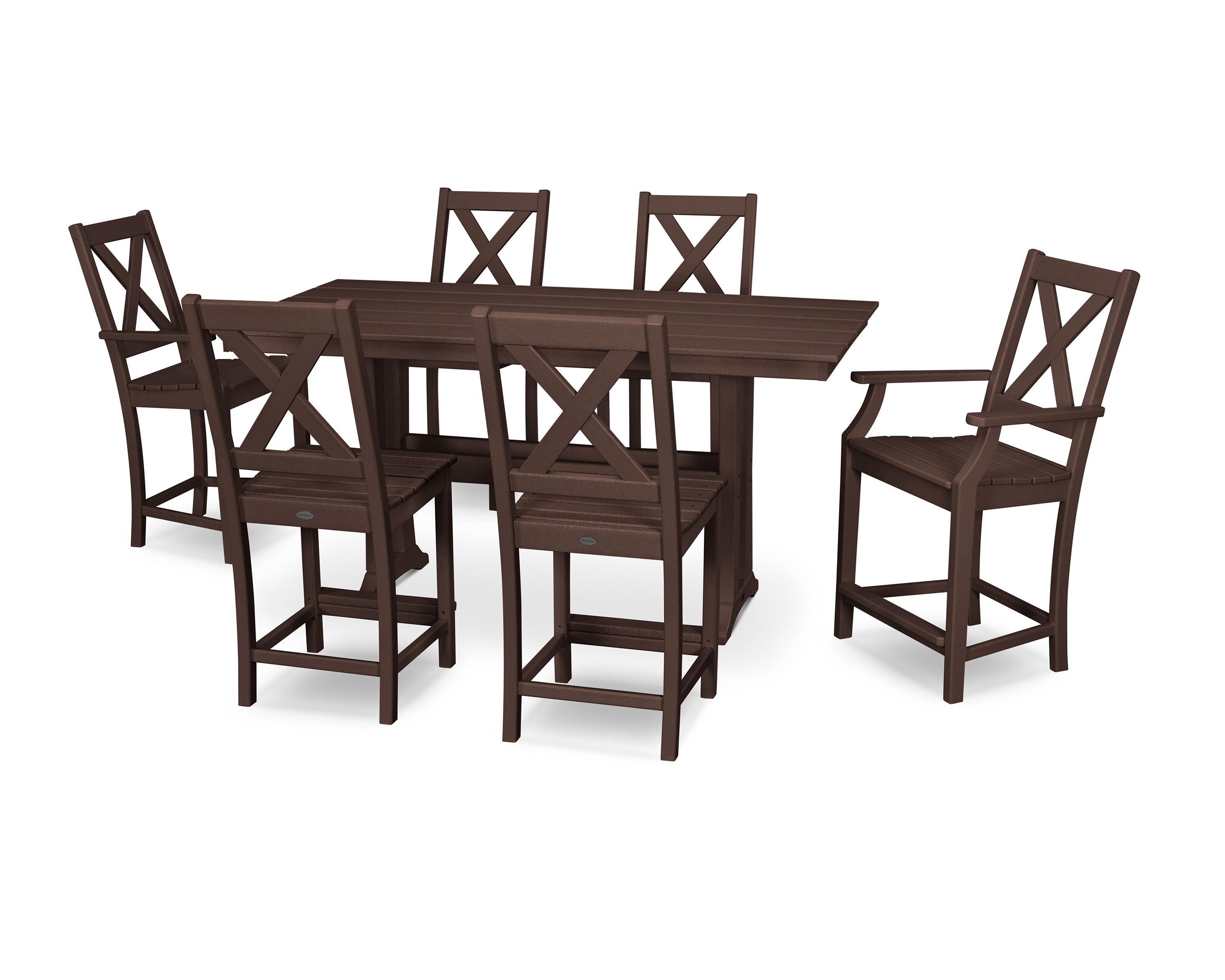 POLYWOOD® Braxton 7-Piece Farmhouse Trestle Counter Set in Mahogany