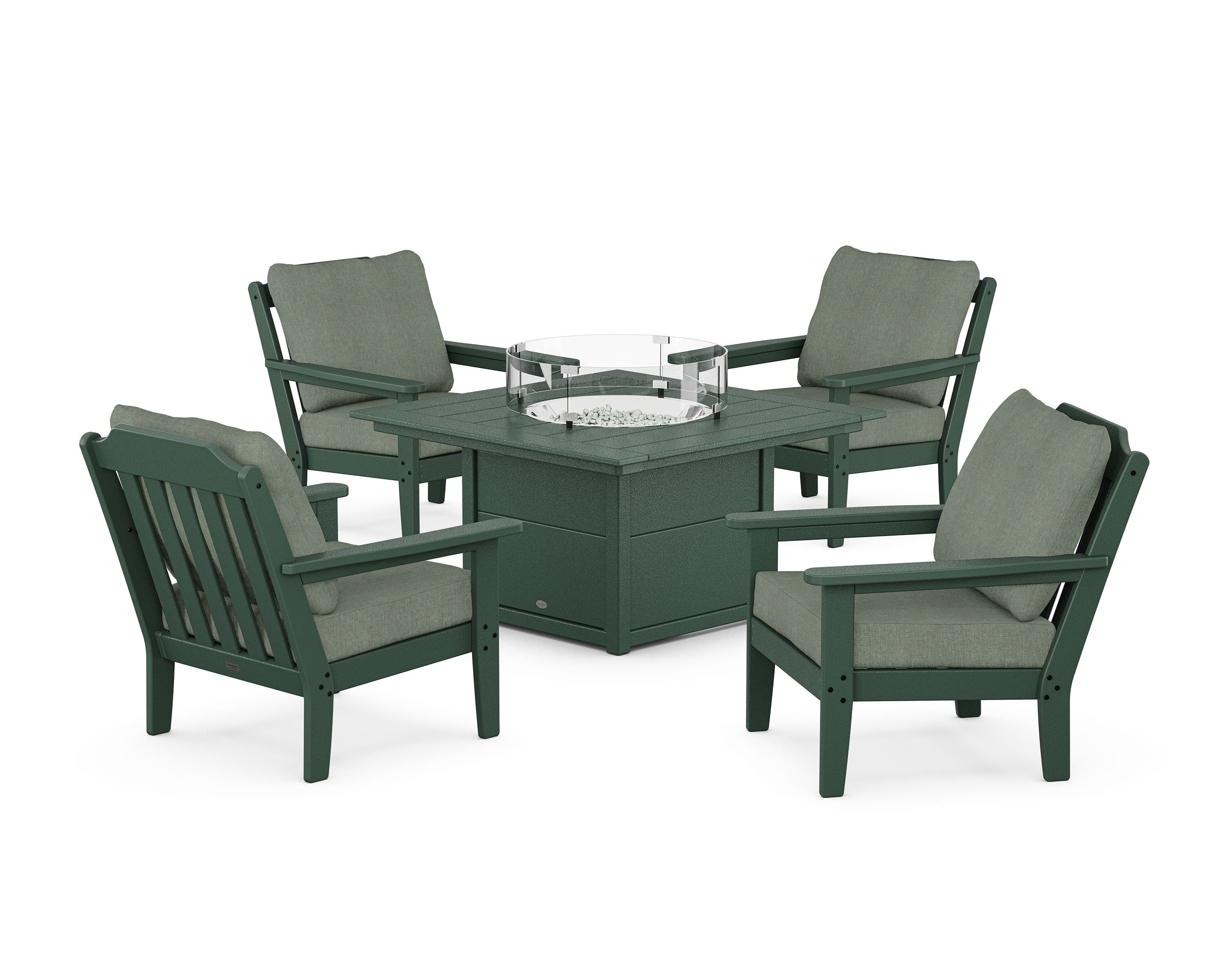 Country Living Cottage 5-Piece Deep Seating Set with Fire Pit Table in Green / Cast Sage
